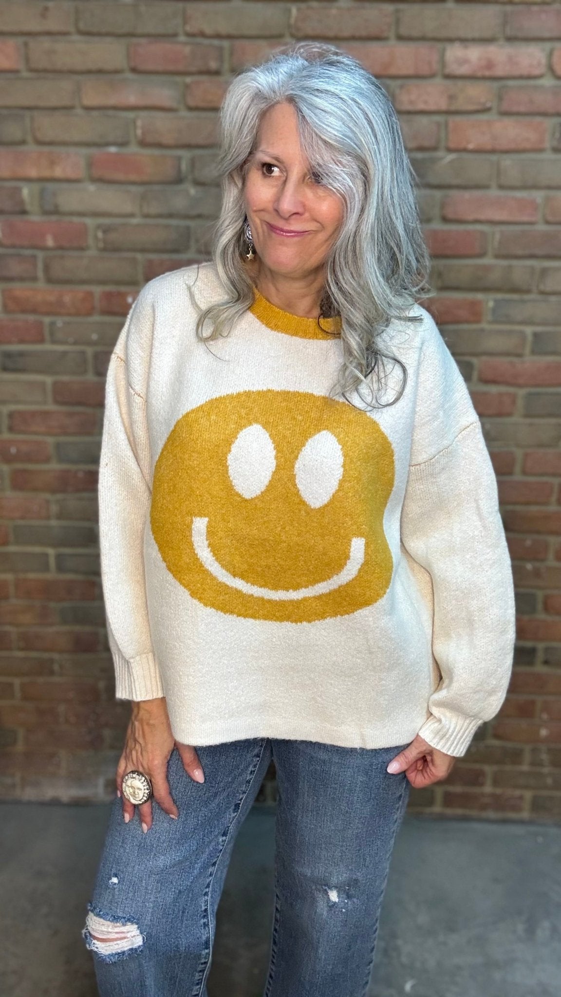 Golden Smiley Face Sweater - Vintage Vault Boutique