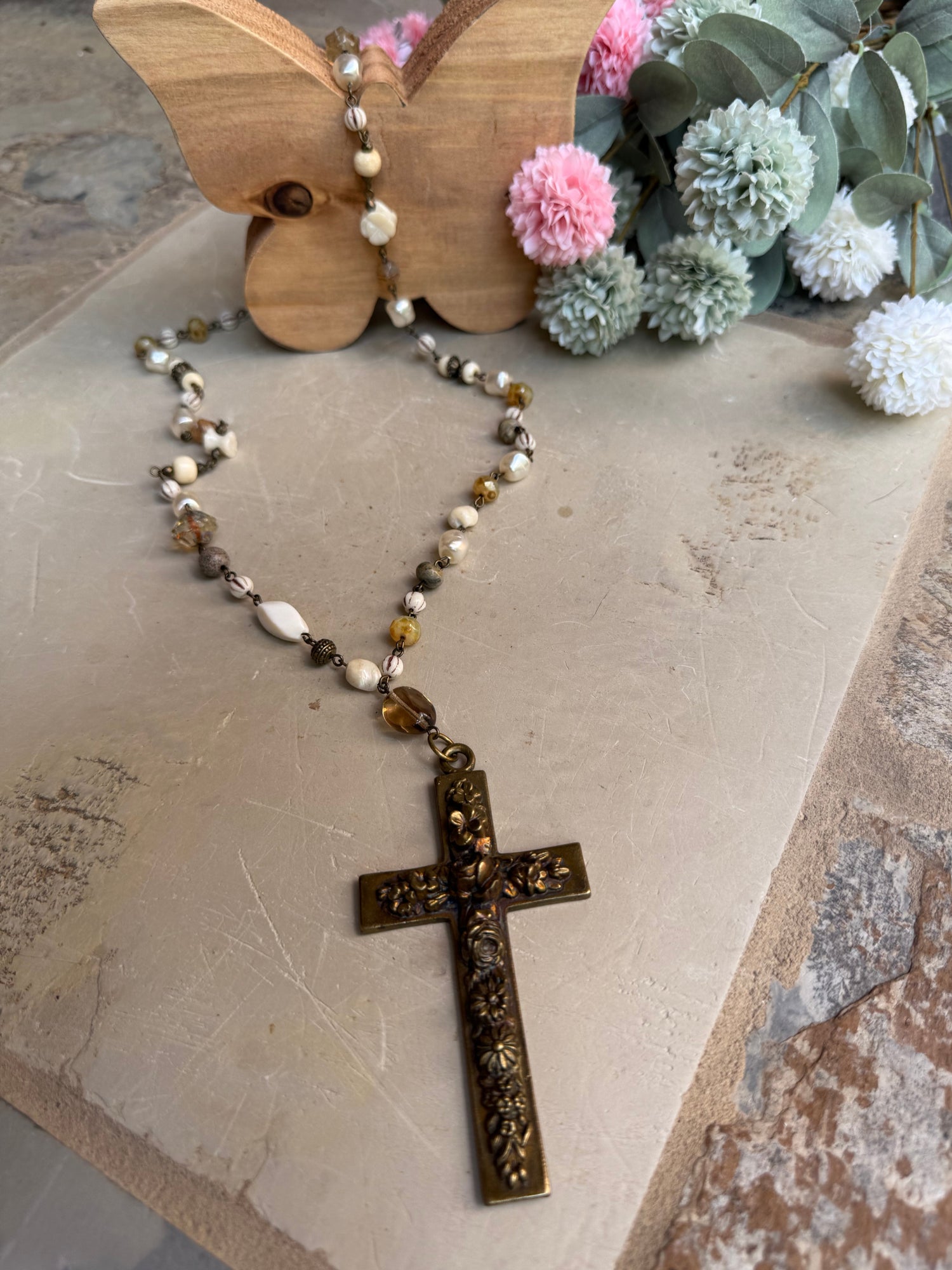 EKD Vintage Pearl Chain Rosary Necklace
