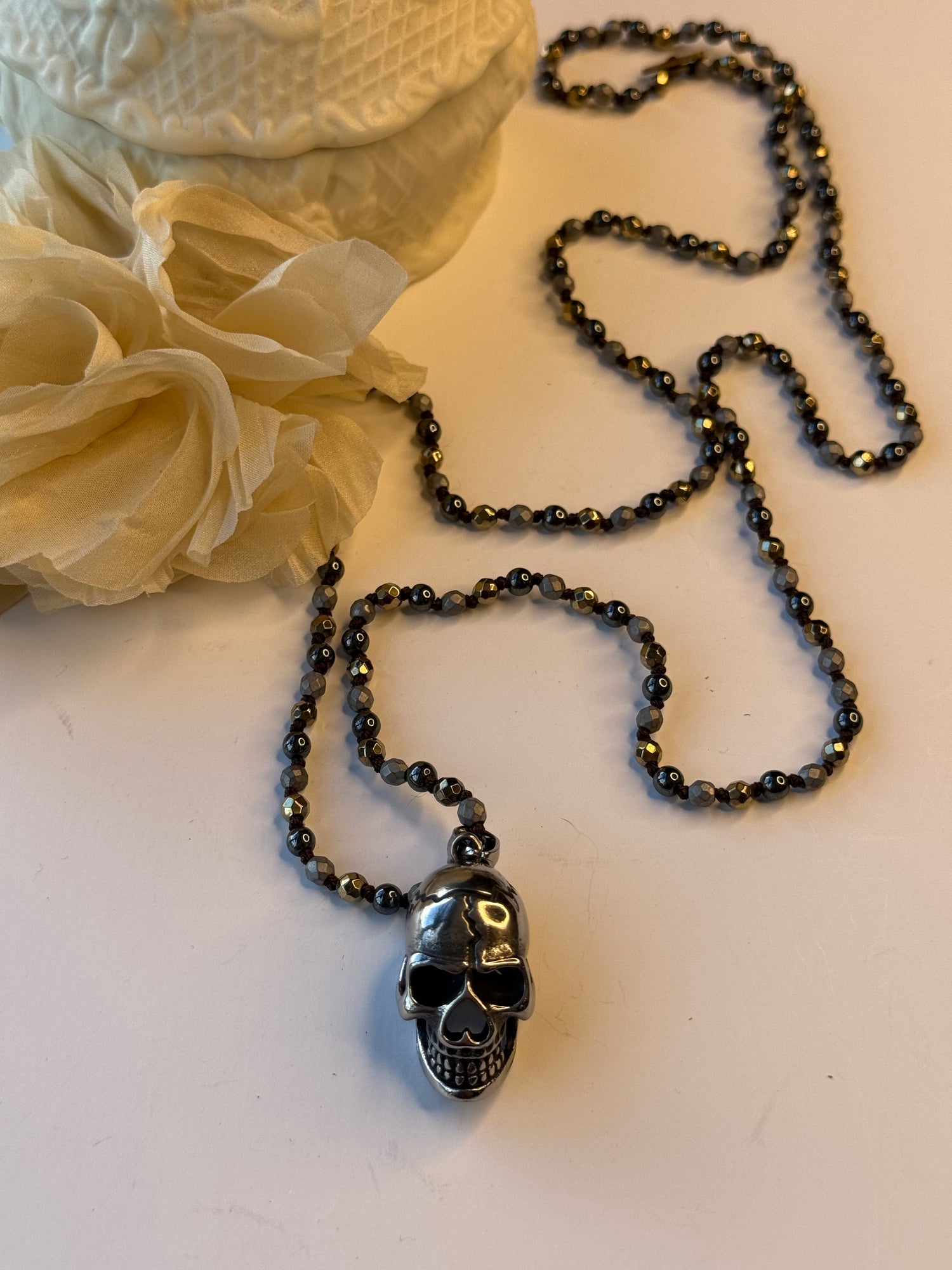 3D Skull on Metallic Beaded Necklace