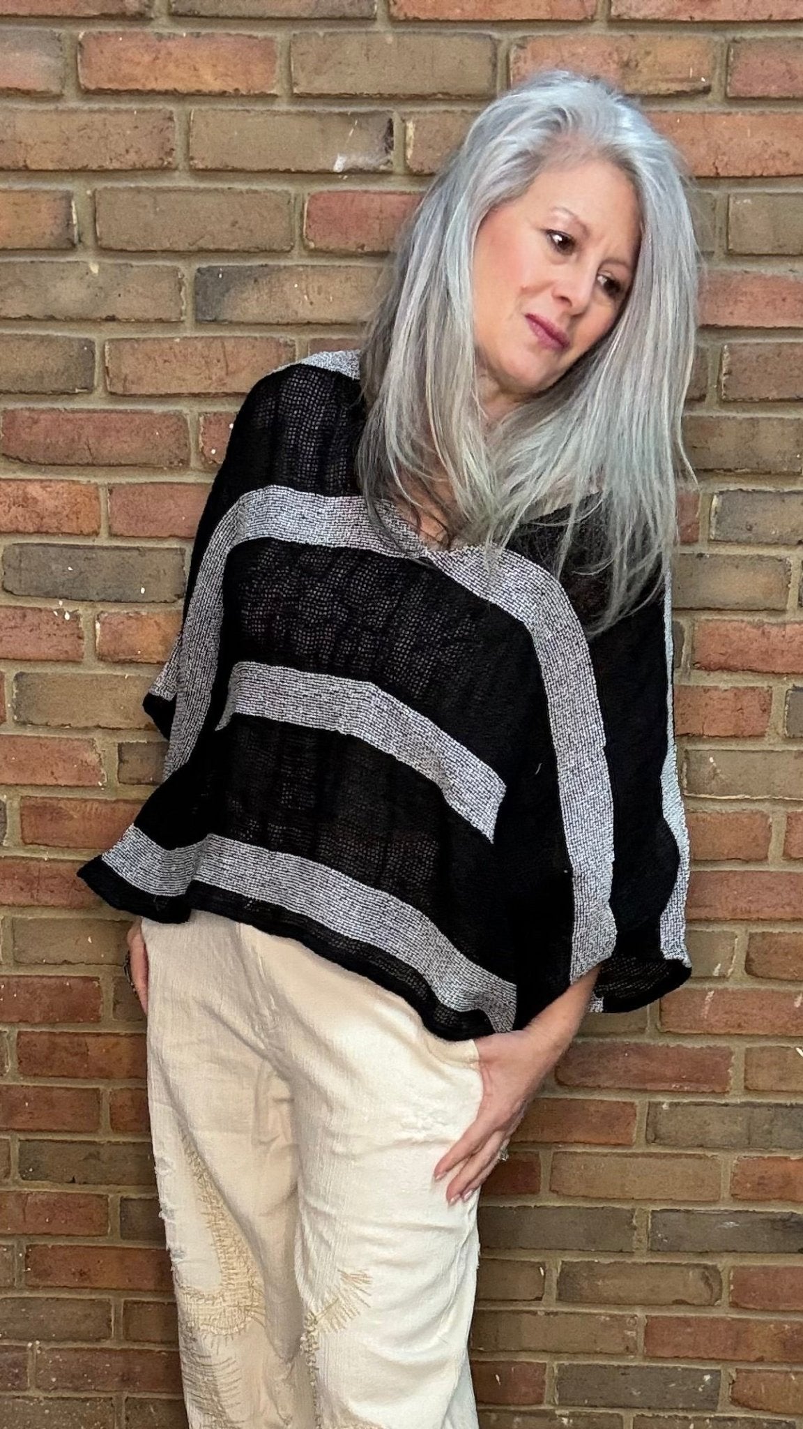 Charcoal and Black Striped Linen Topper - Vintage Vault Boutique