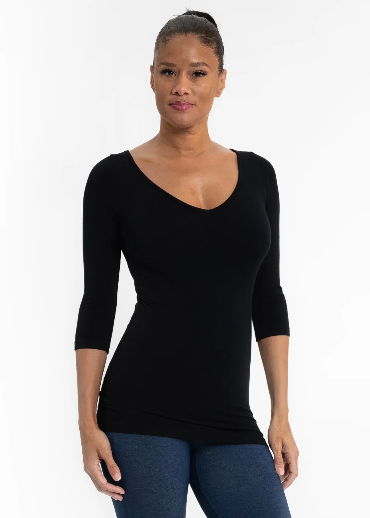 Three Quarter Sleeve V-Neck Top - Vintage Vault Boutique