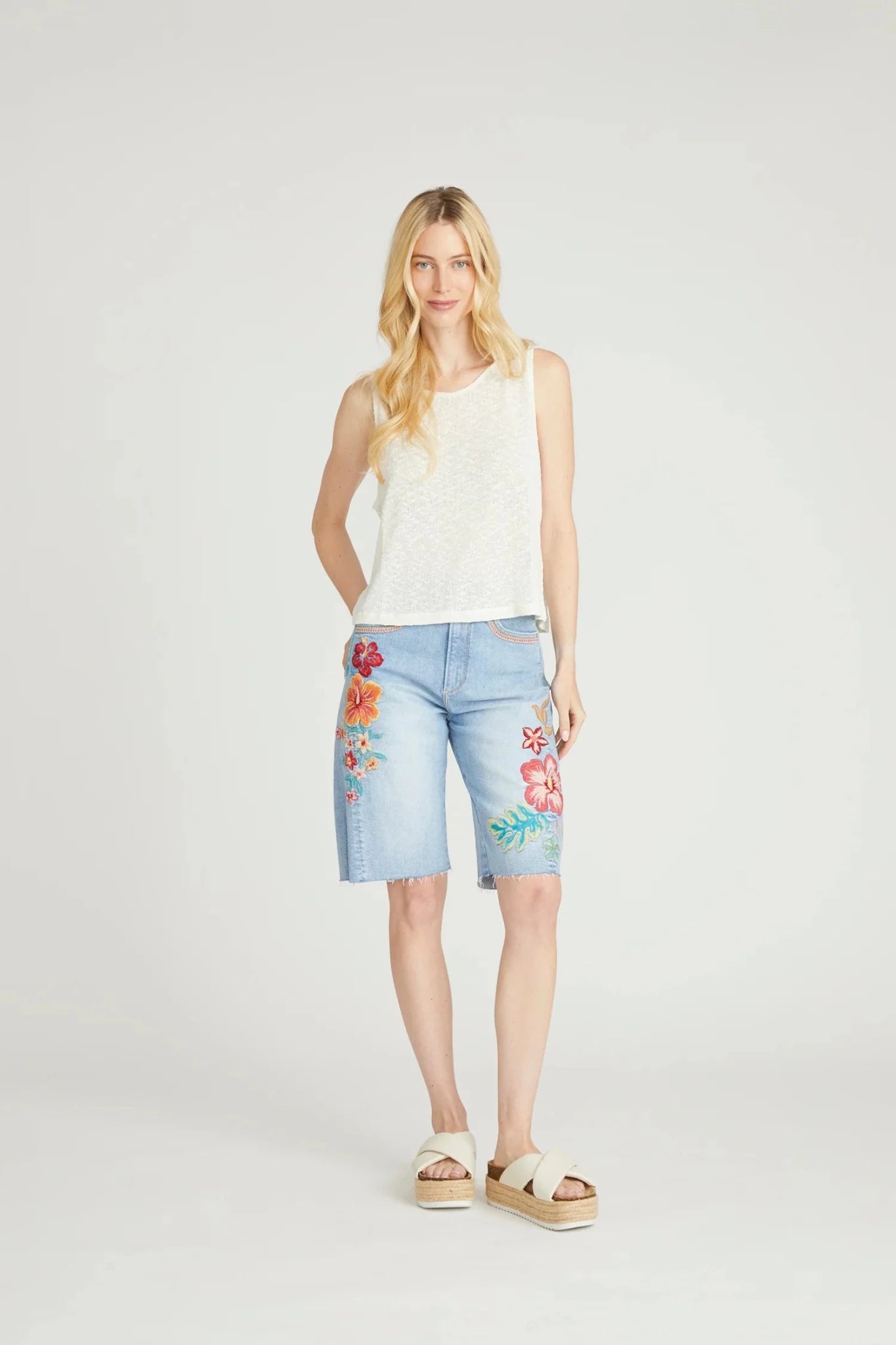 Hibiscus Denim Jorts - Vintage Vault Boutique
