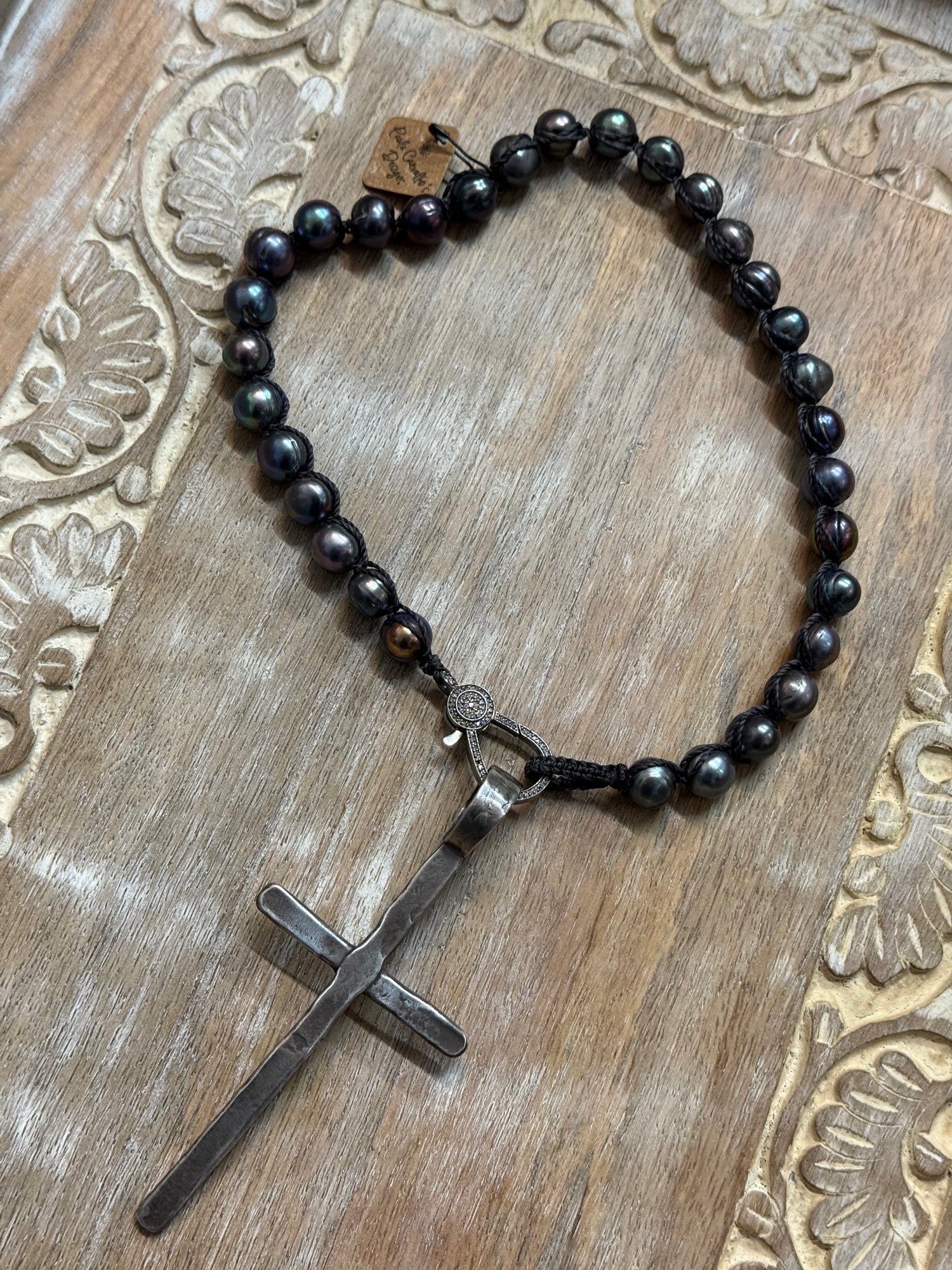 Large Silver Cross on Peacock Pearls Necklace