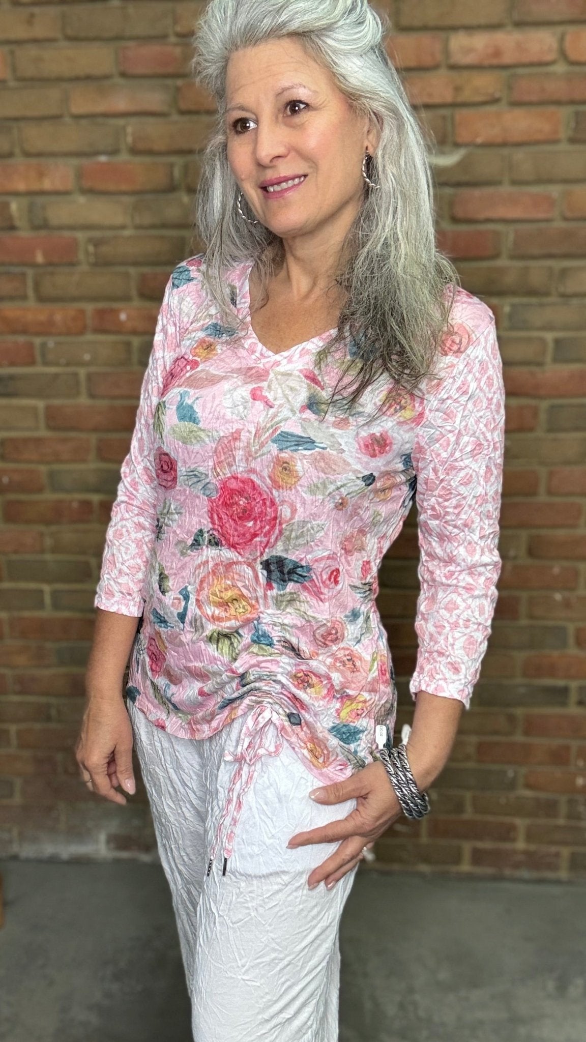 Pink Floral Cinch Side Top - Vintage Vault Boutique