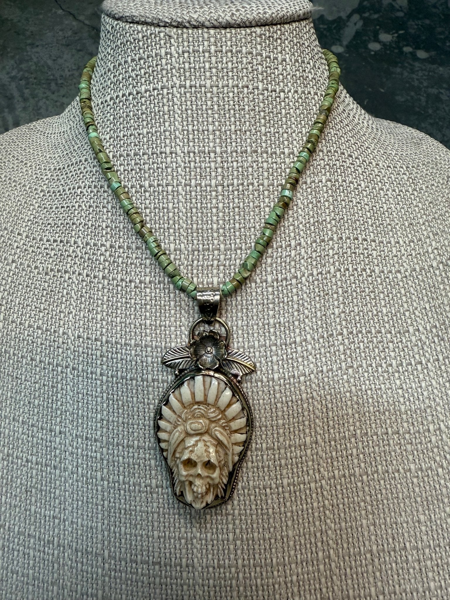 Tibetin Skull in Headdress on African Turquoise Necklace - Vintage Vault Boutique
