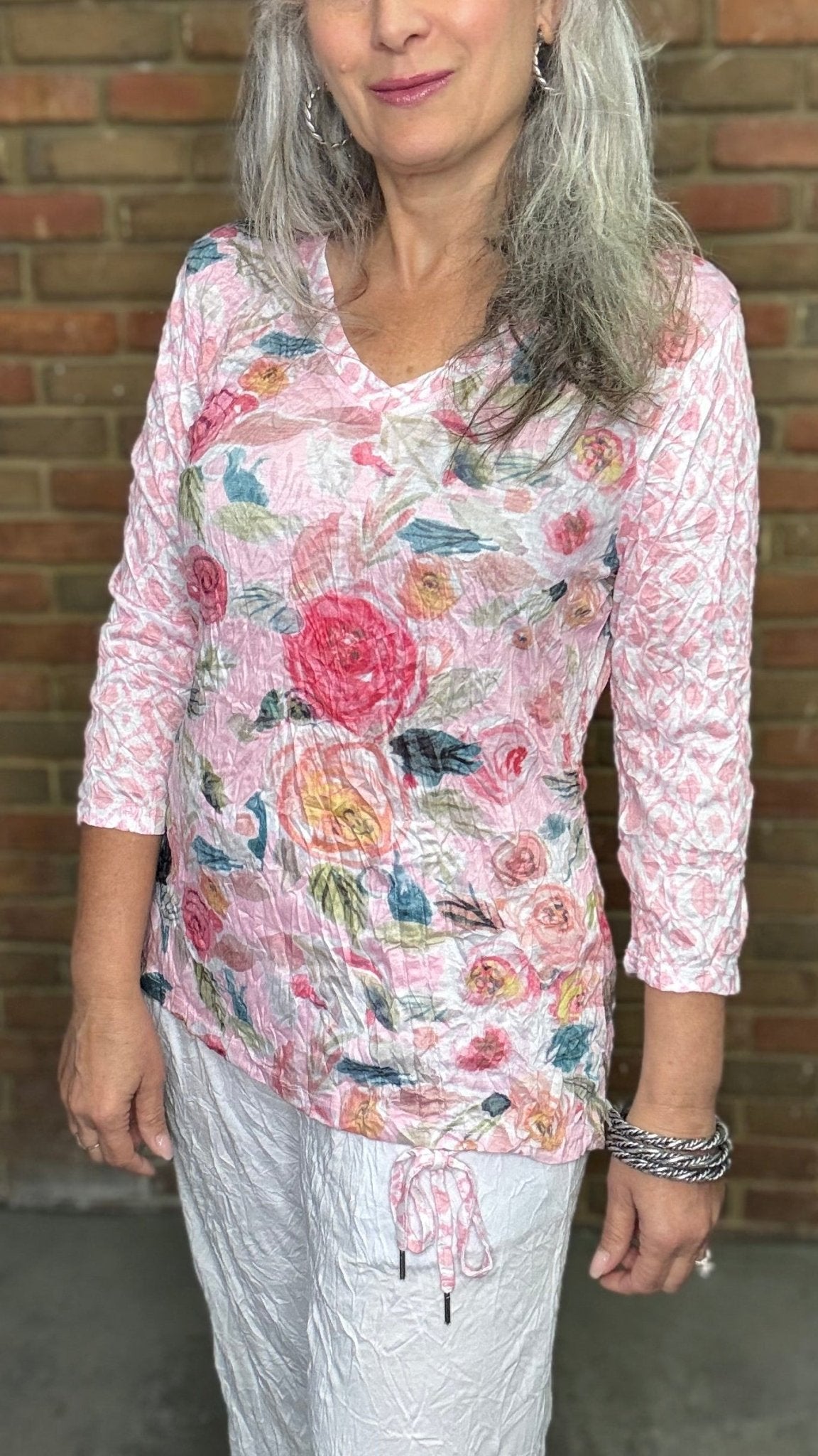 Pink Floral Cinch Side Top - Vintage Vault Boutique
