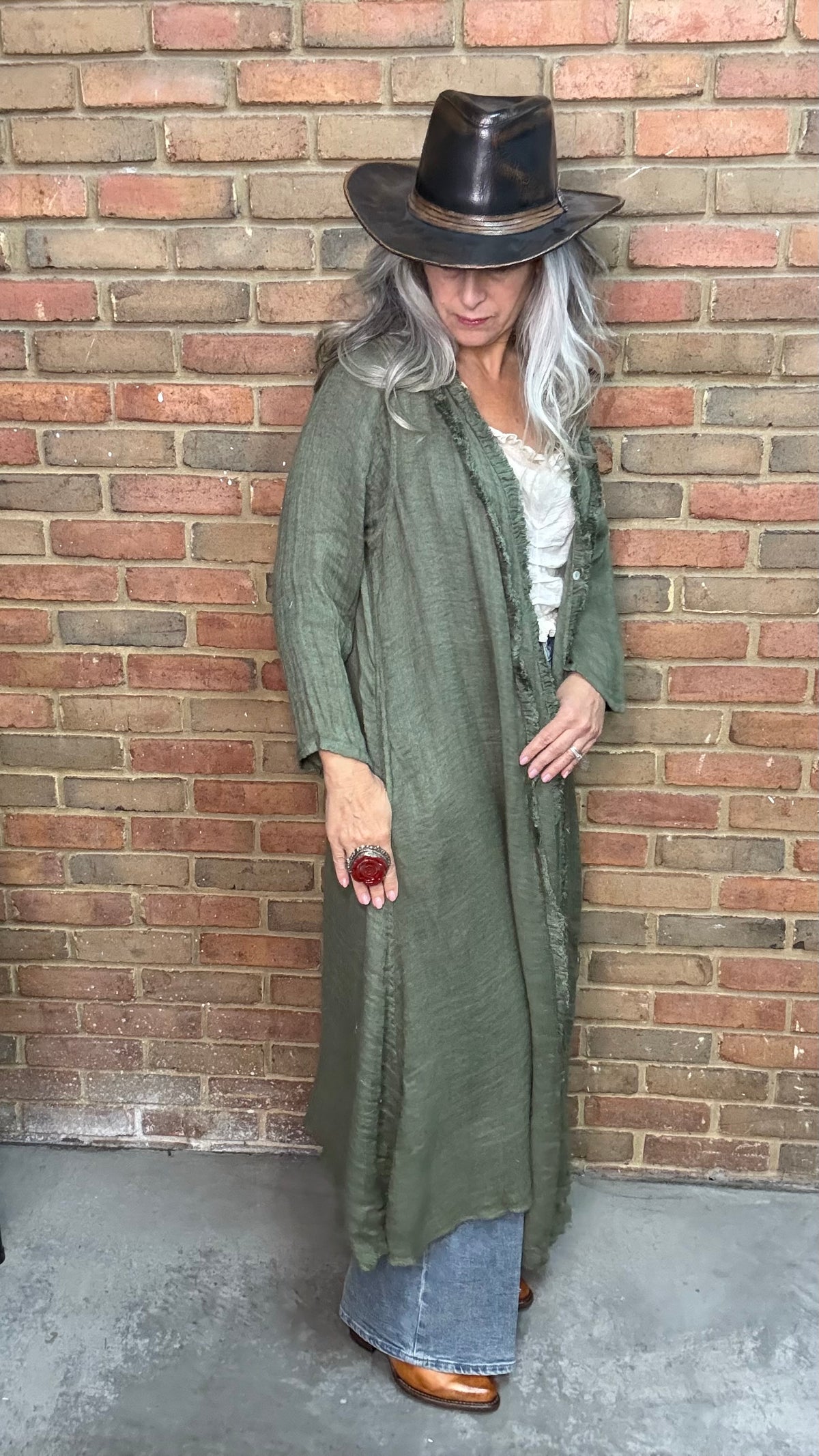 Olive Loose Weave Duster