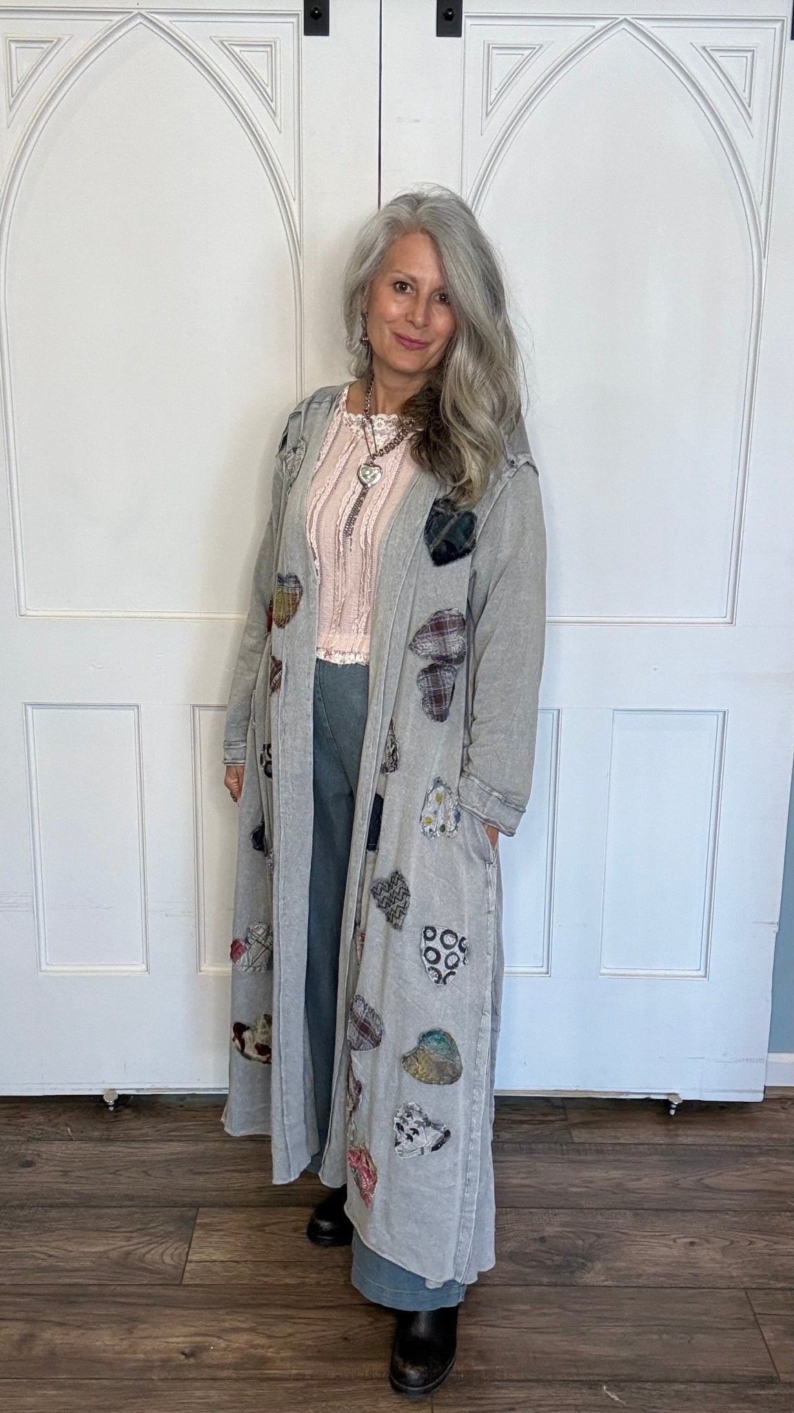 Long Grey Hearts Patch Jacket - Vintage Vault Boutique