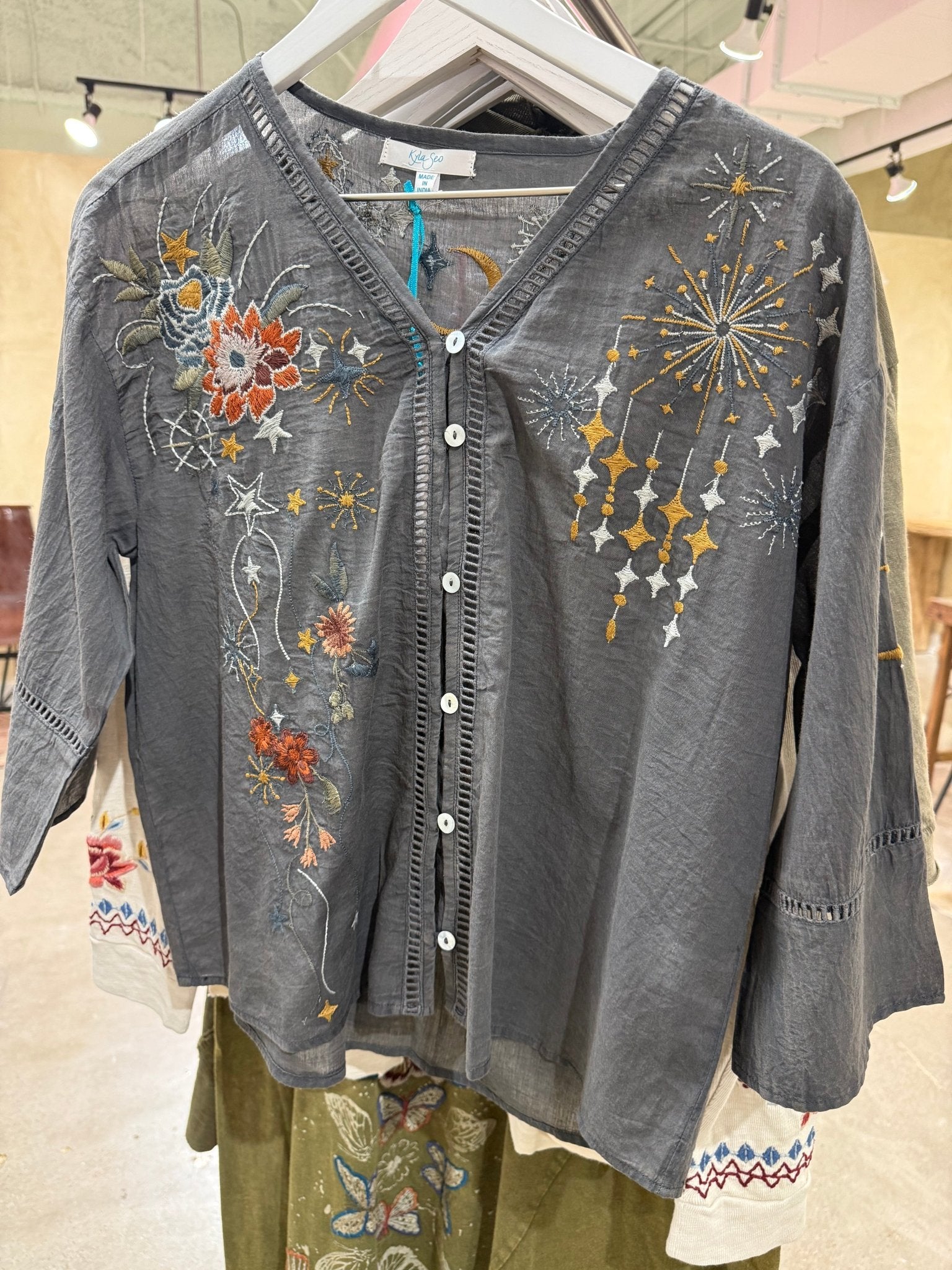 Jovanna - Dark Grey Embroidery Shirt - Vintage Vault Boutique