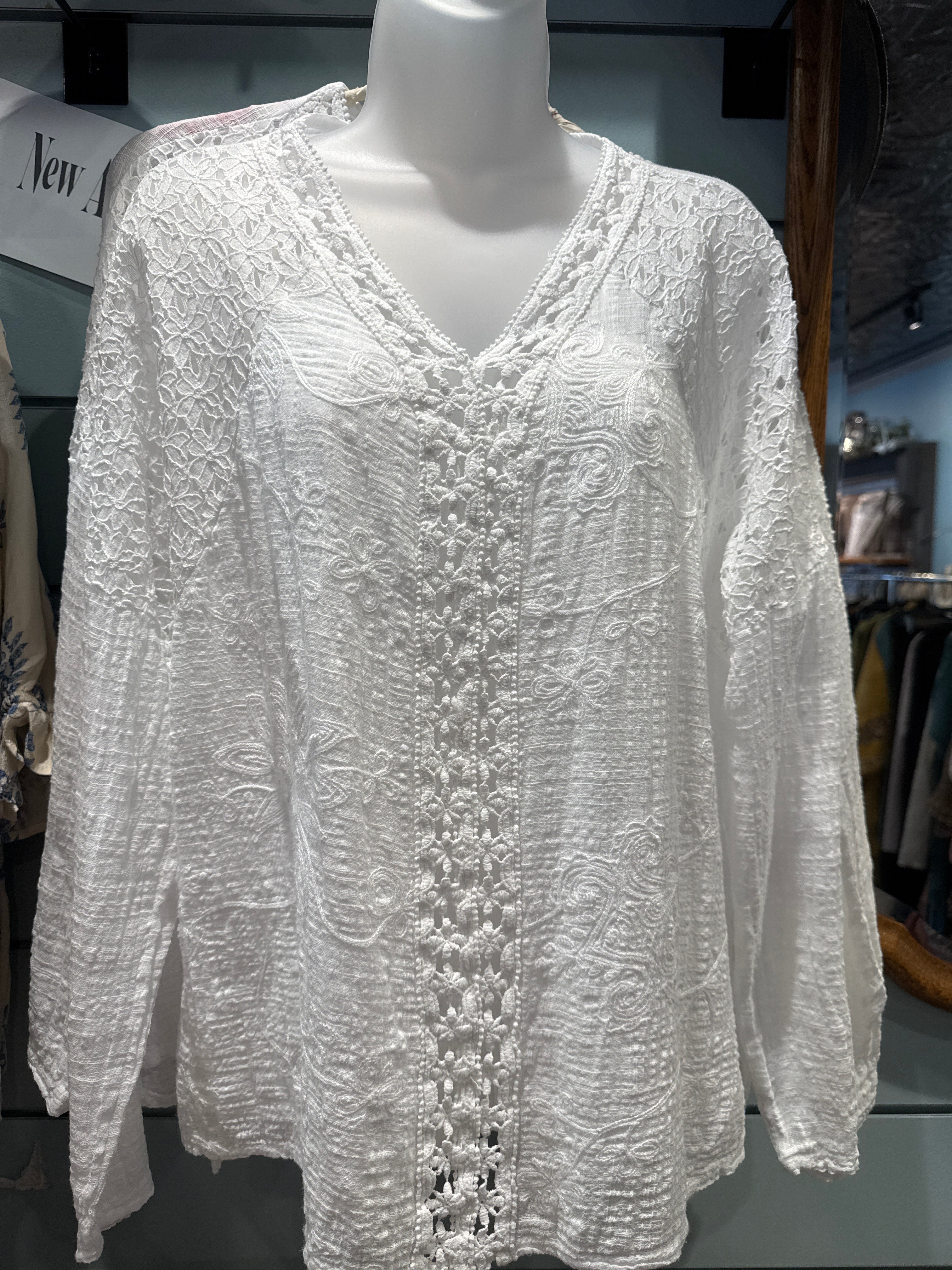 White V-Neck Embrd Top
