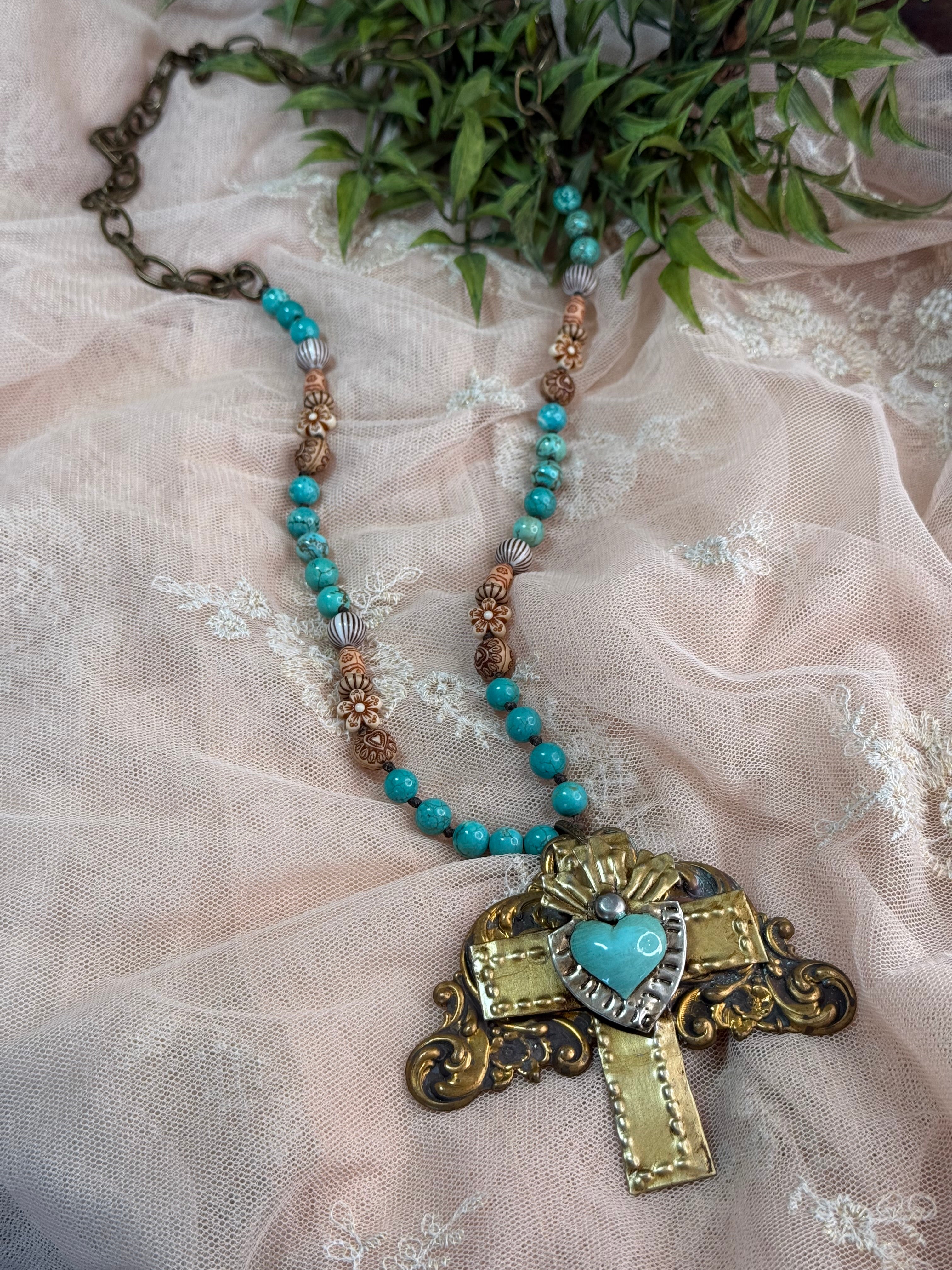 Turquoise Heart on Cross Necklace