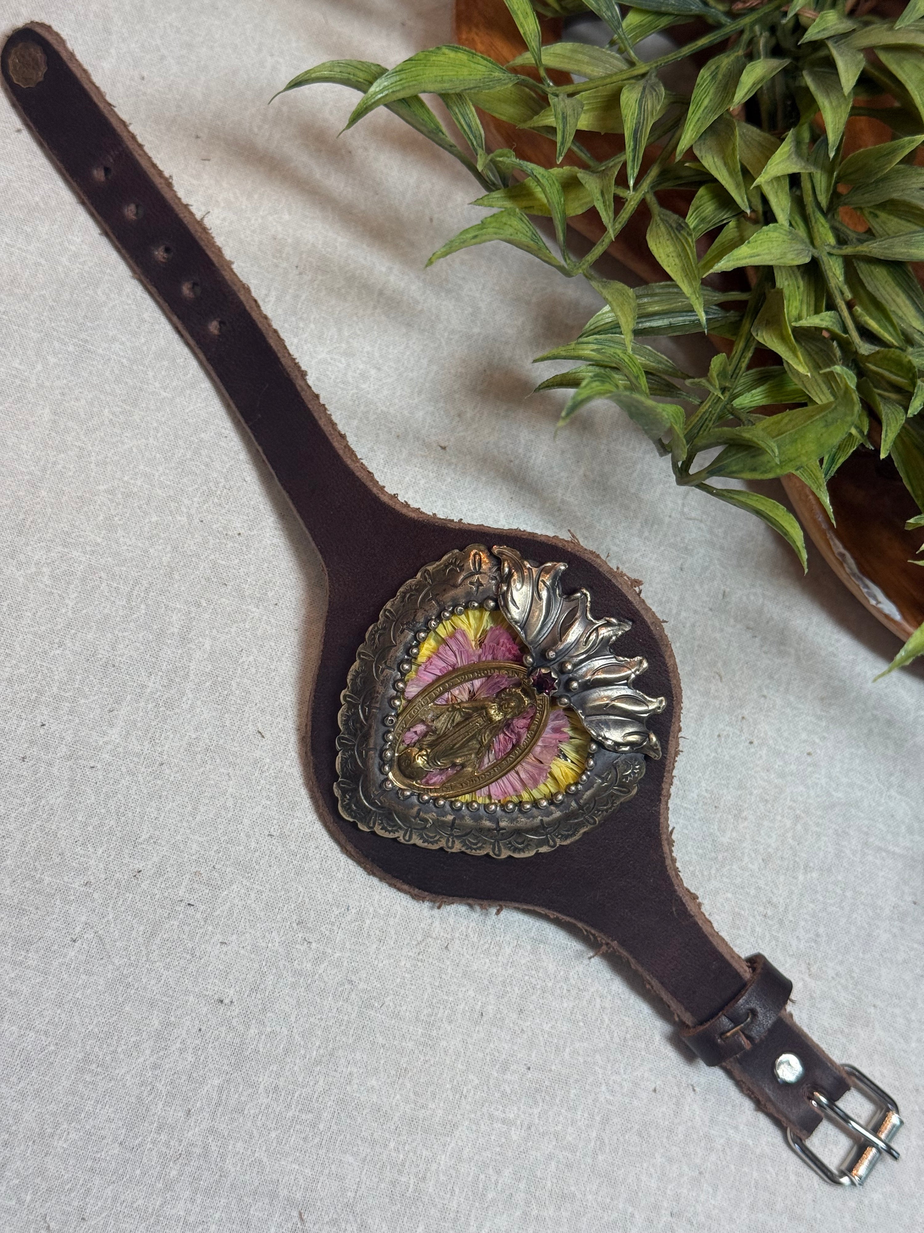 Flaming Heart with Lady of Guad Leather Cuff