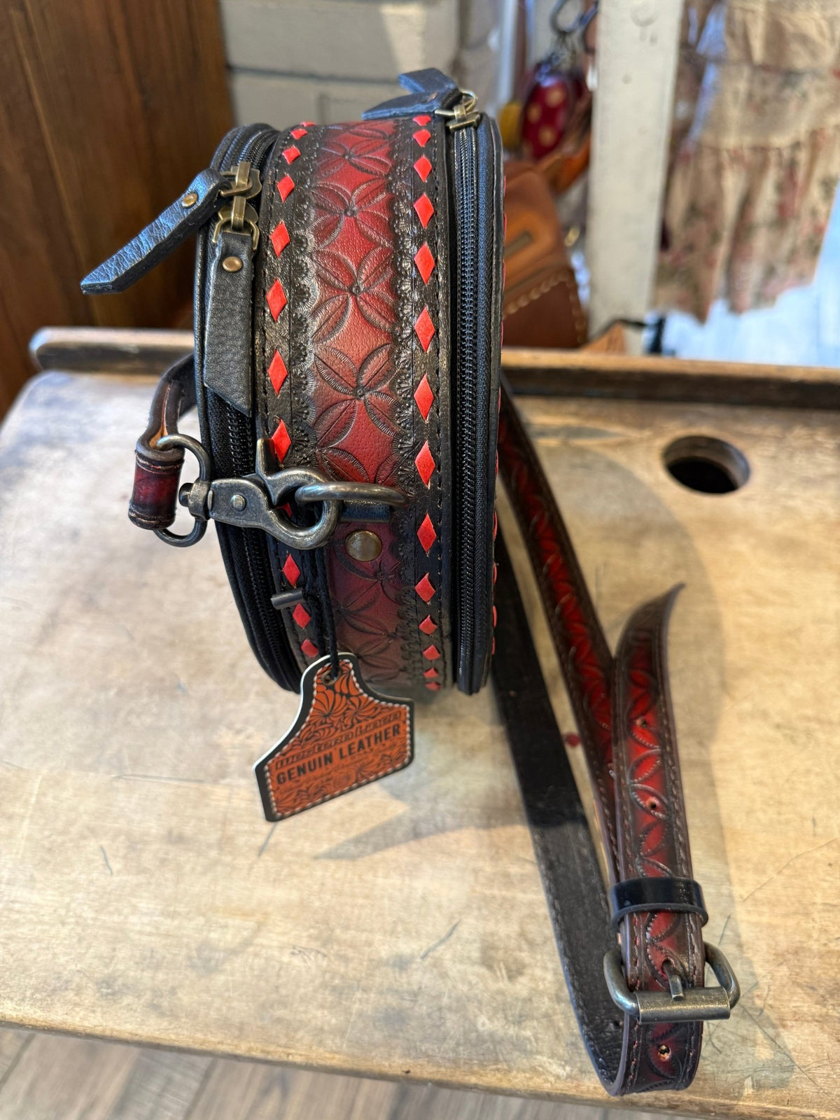 Red Tooled Canteen Bag - Vintage Vault Boutique
