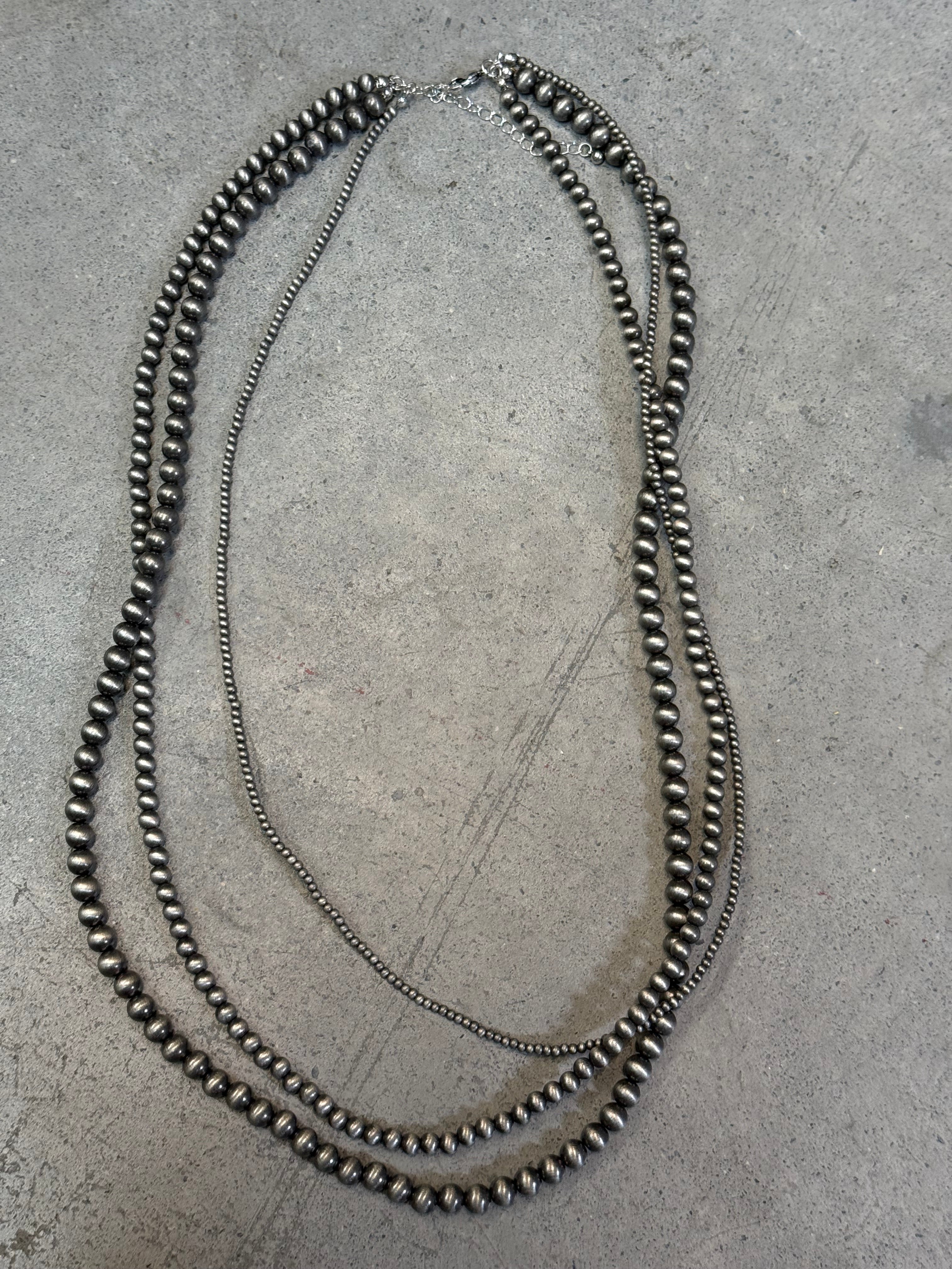 Triple Stand Pewter Pearls Necklace