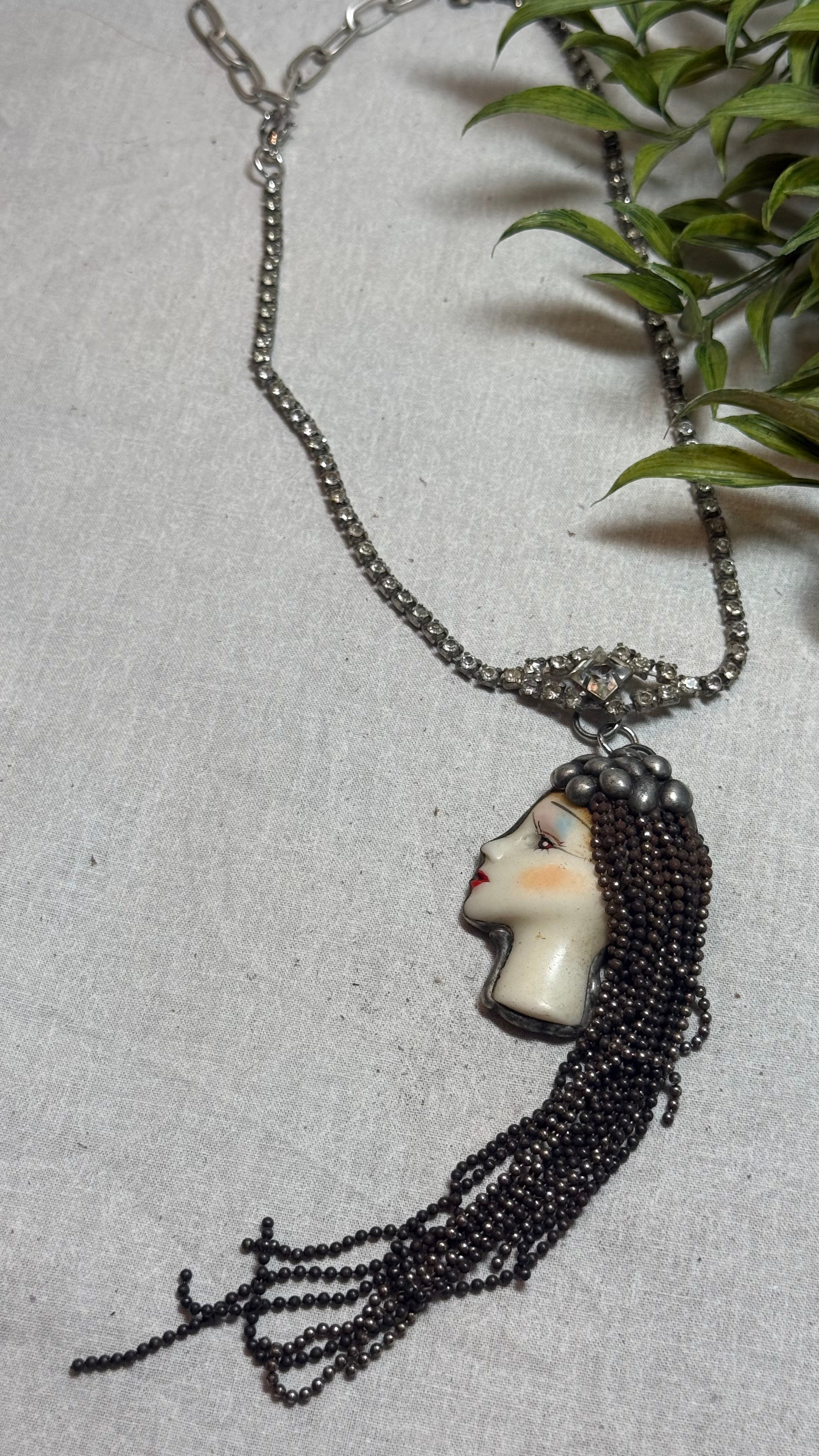 Vintage Face on Crystal Necklace