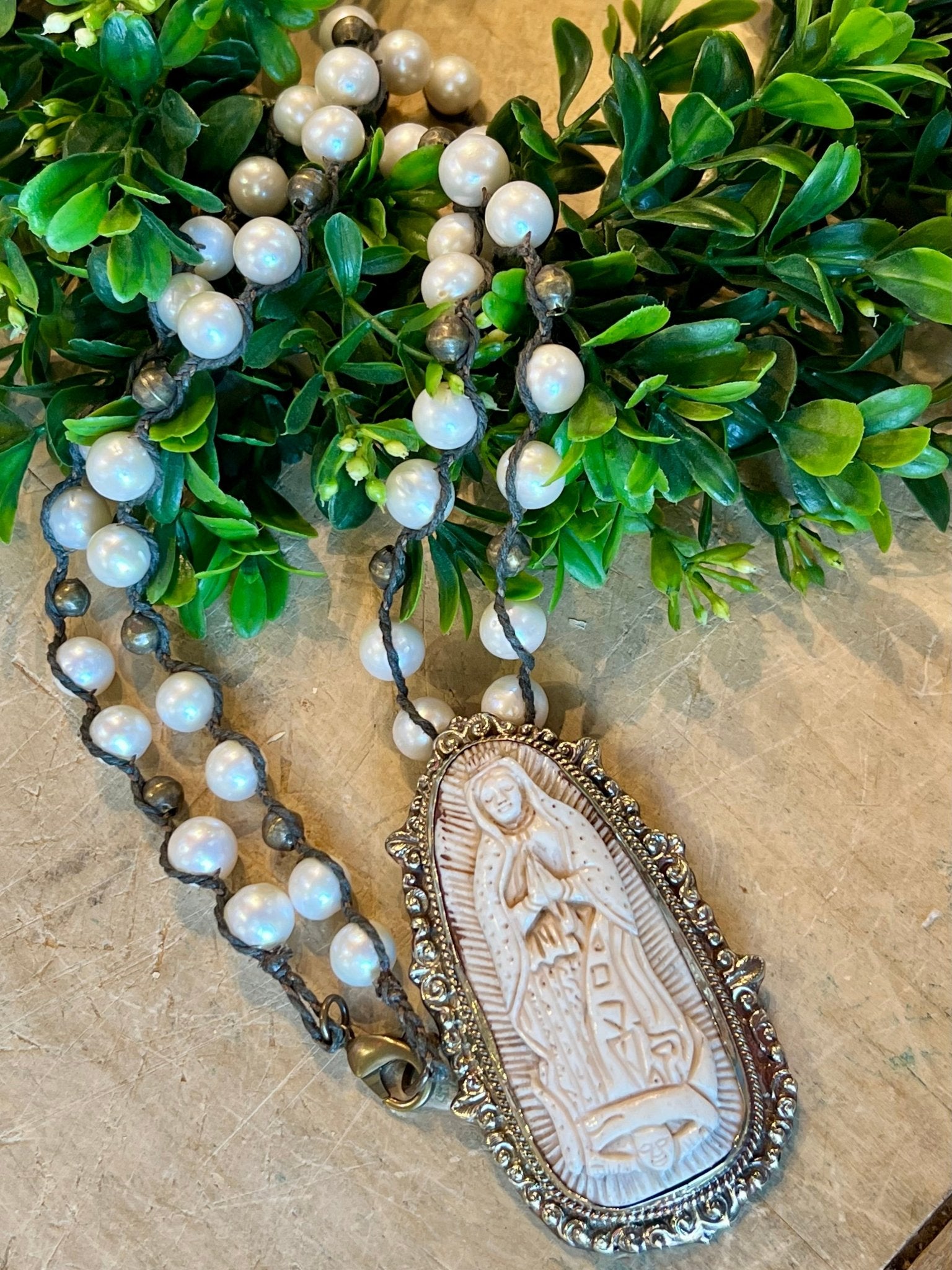 Bone Lady of Guadalupe Pearl Necklace - Vintage Vault Boutique