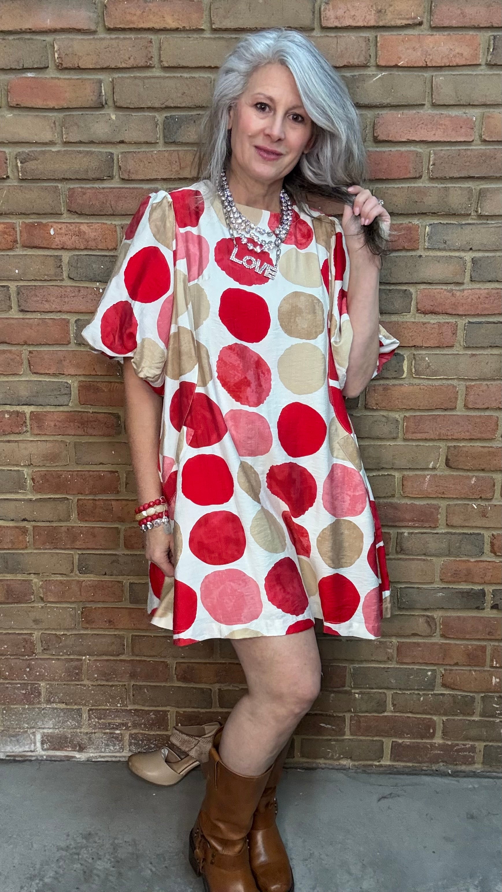 Woman wearing Red Mix Bubble Sleeve Mini Dress with Toolie Shoe Beige