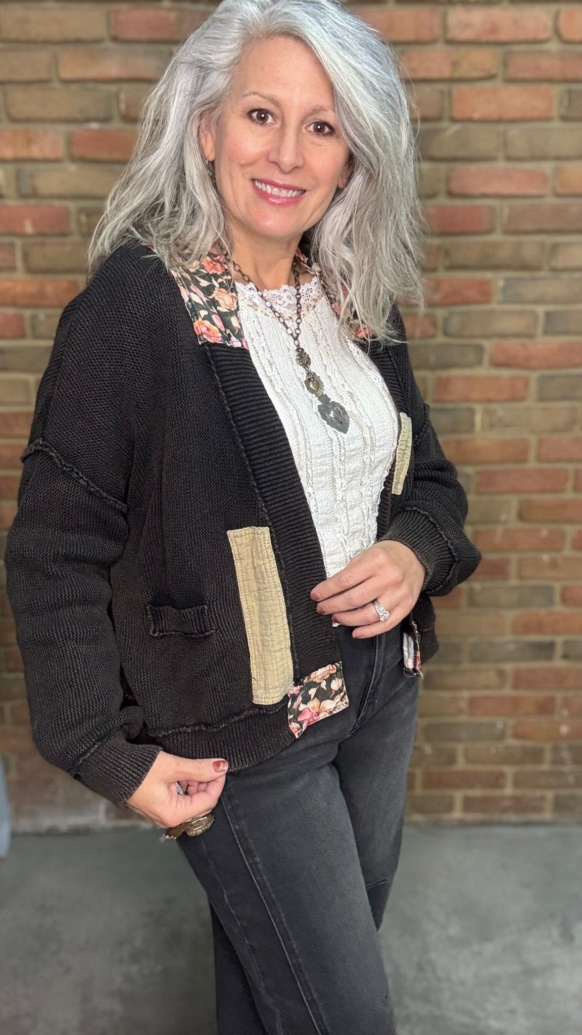 Black Patched Long Sleeve Cardigan - Vintage Vault Boutique