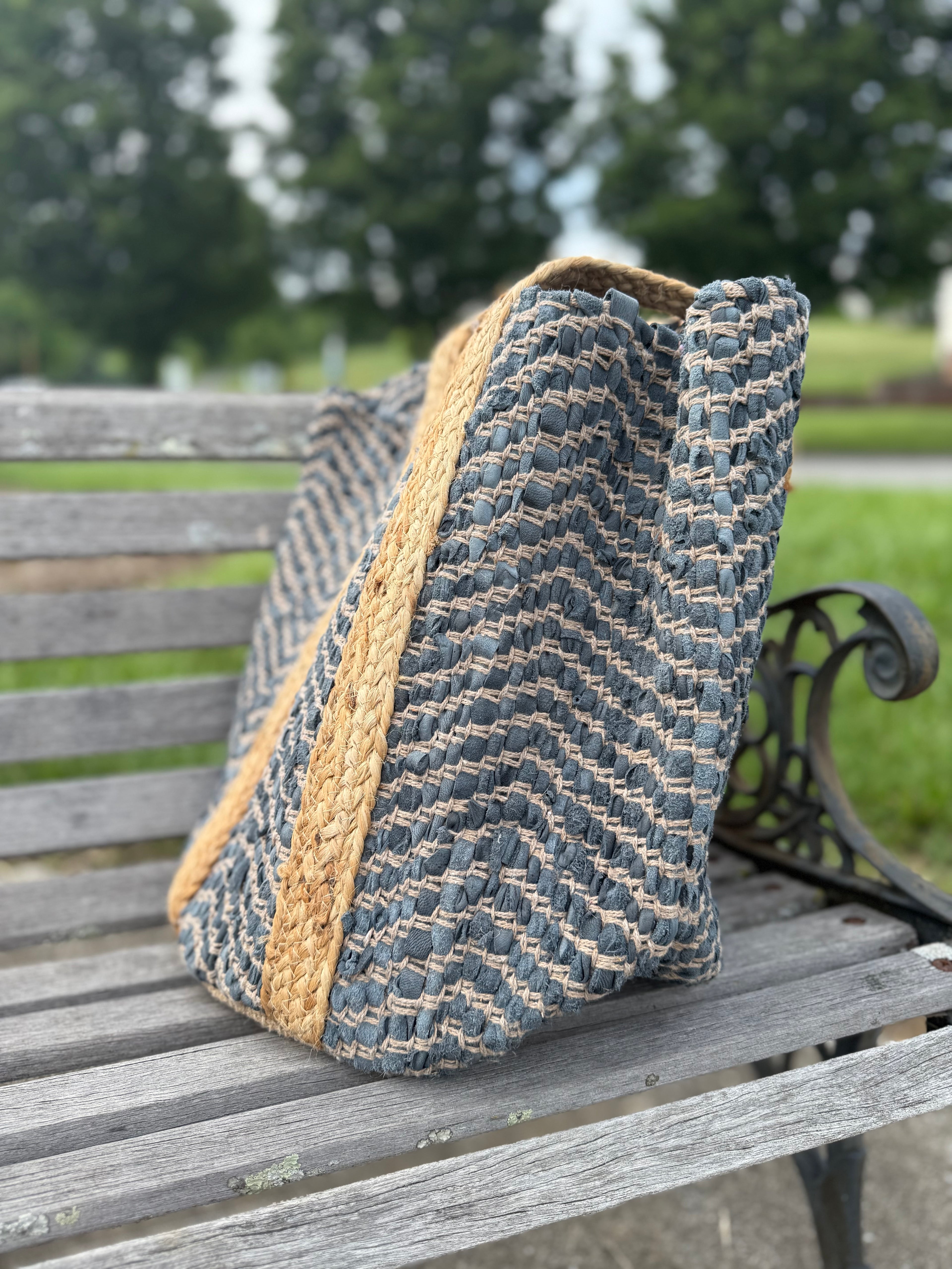 Jute Tote Bag Blue Suede