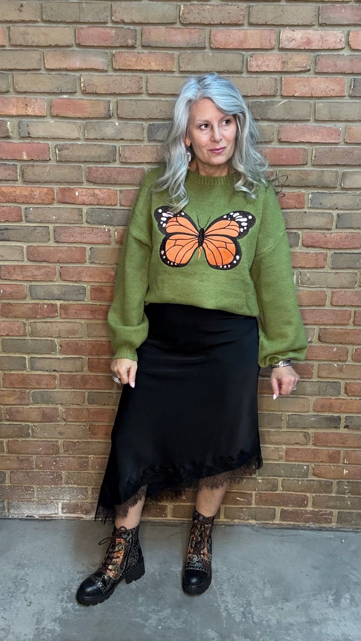 Monarch Butterfly on Green Sweater - Vintage Vault Boutique