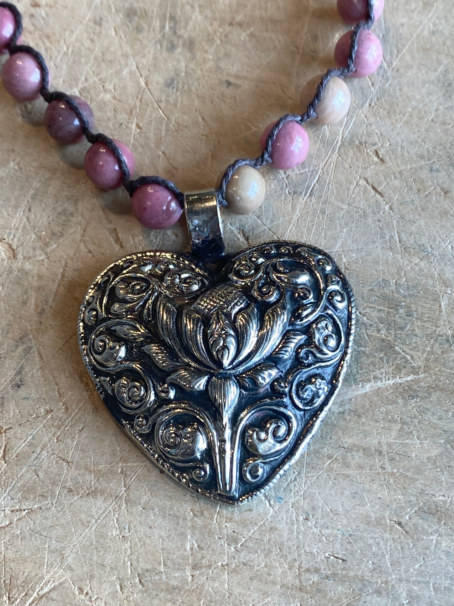 Embossed Silver Heart on Pink Necklace