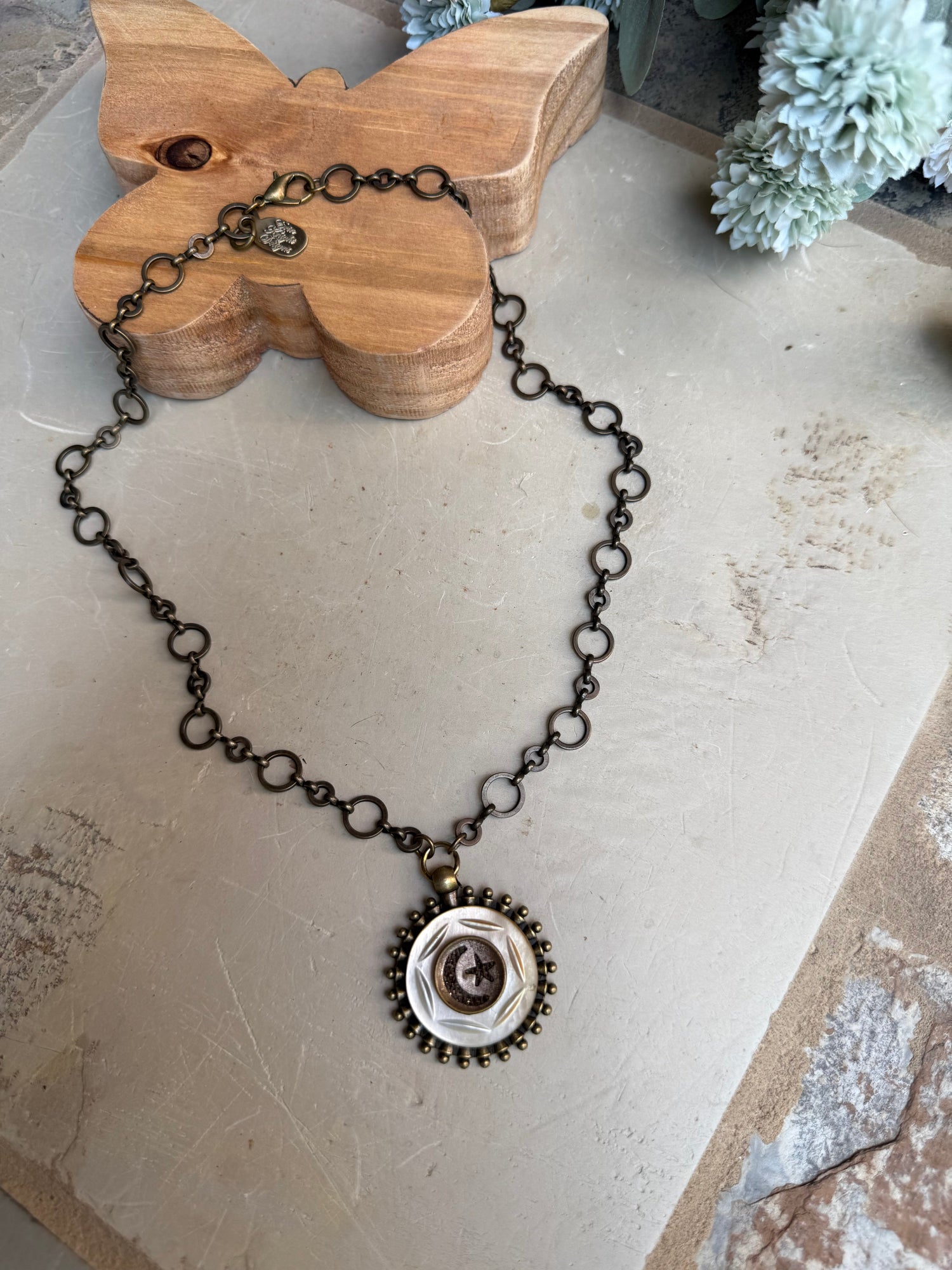 EKD Victorian Moon & Star Button Necklace