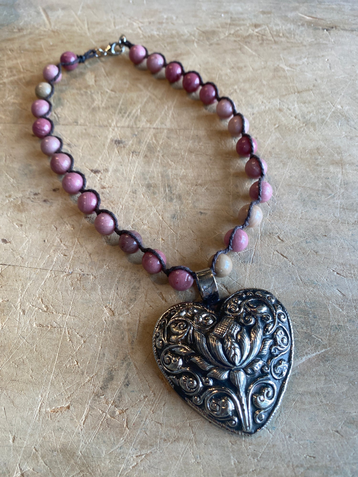 Embossed Silver Heart on Pink Necklace