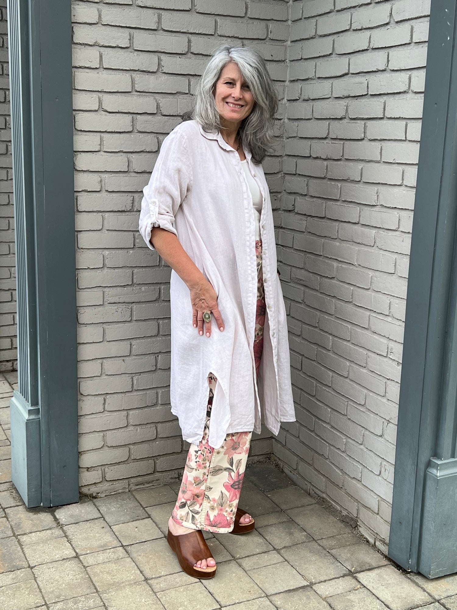Linen Button Front Beige Shirt Dress
