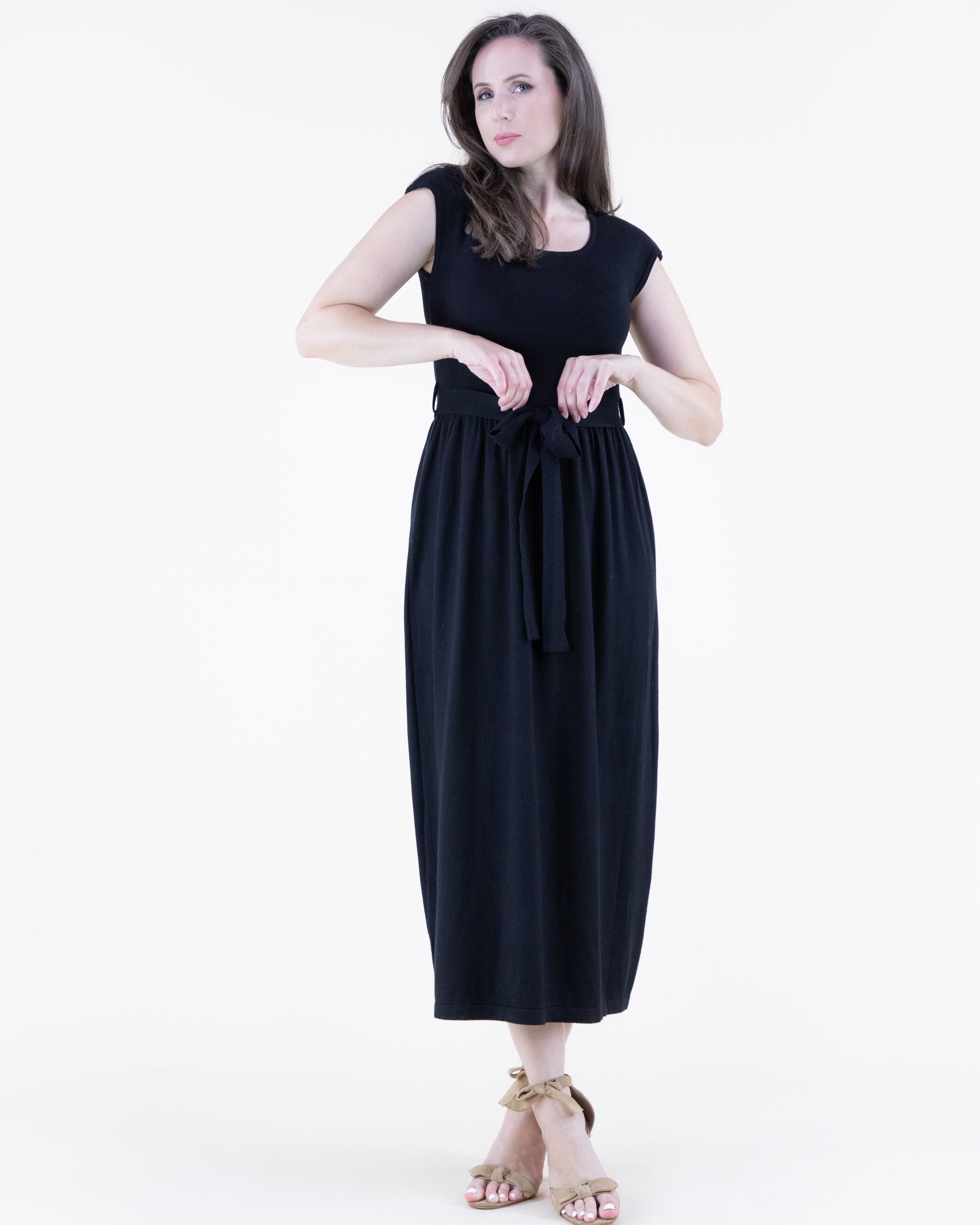 Cap Sleeve Belted Midi Sweater Dress