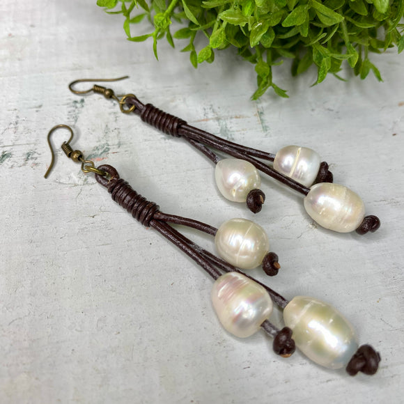 Leather and Pearl Drop Earring