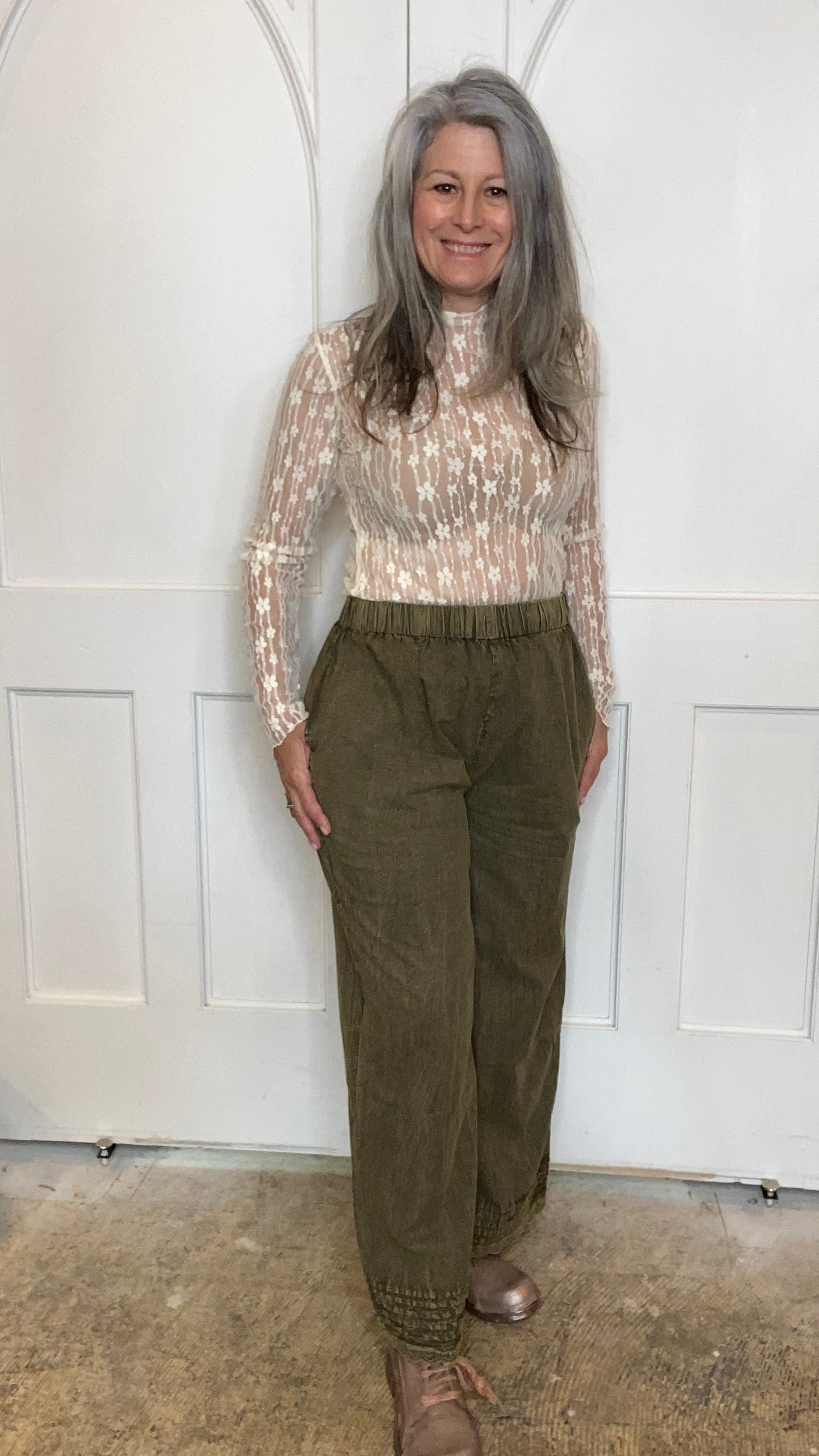 Elastic Waist Pants in Moss Green