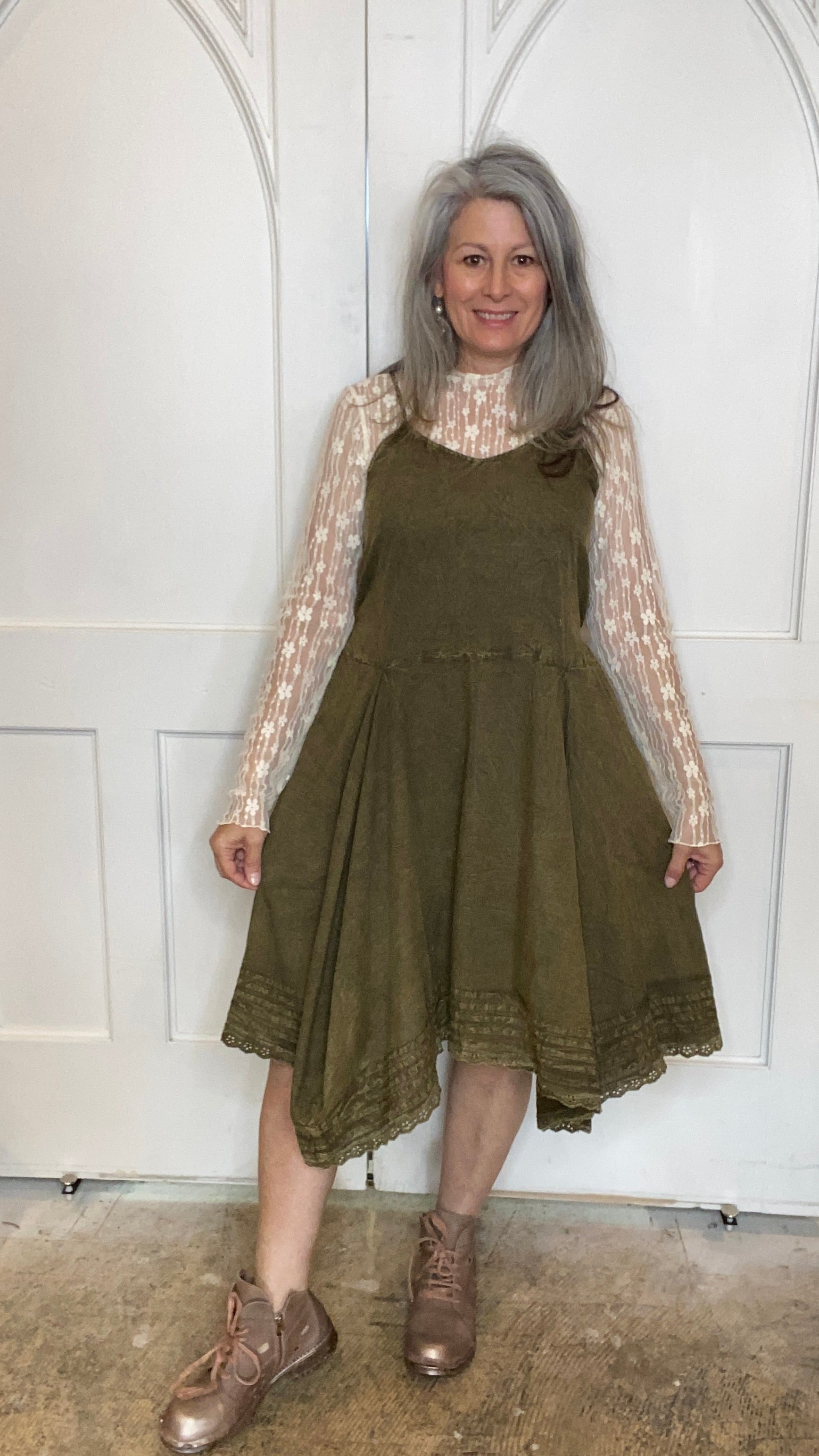 Fit and Flare Tank Dress with Tucks and Lace M & XL