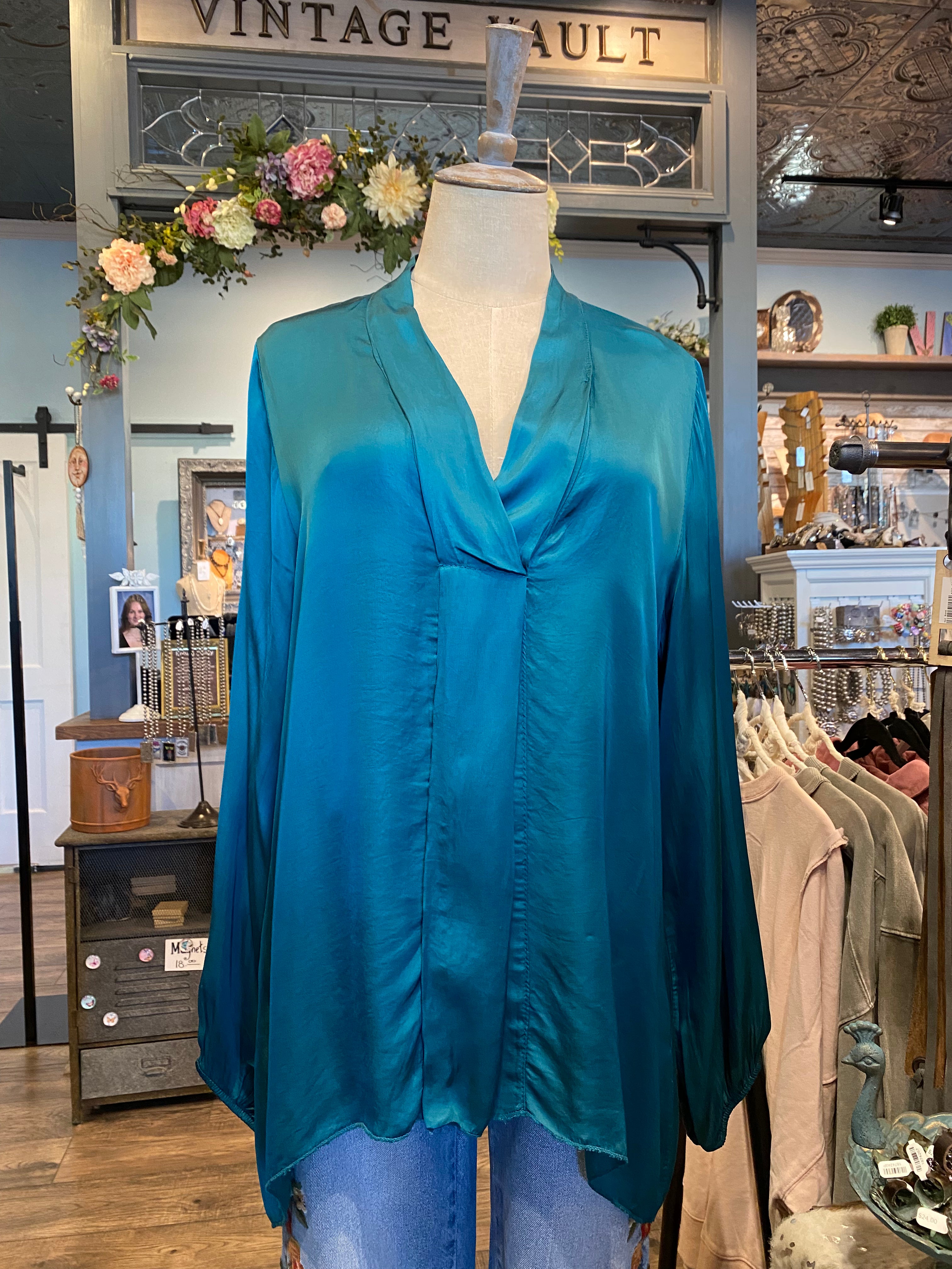 Long Sleeve V-Neck Silk Top