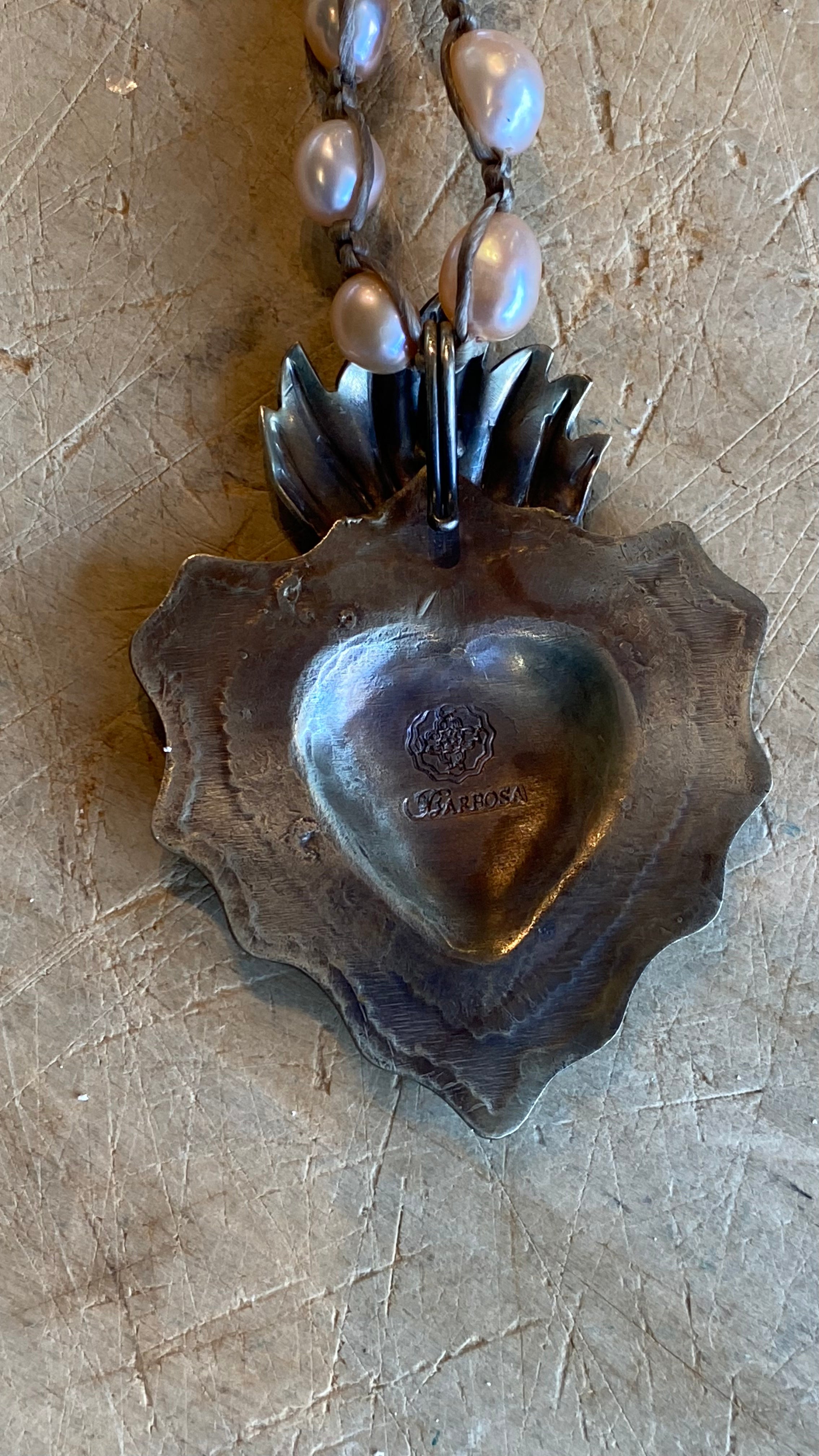 Sacred Heart on Pink Pearl Necklace