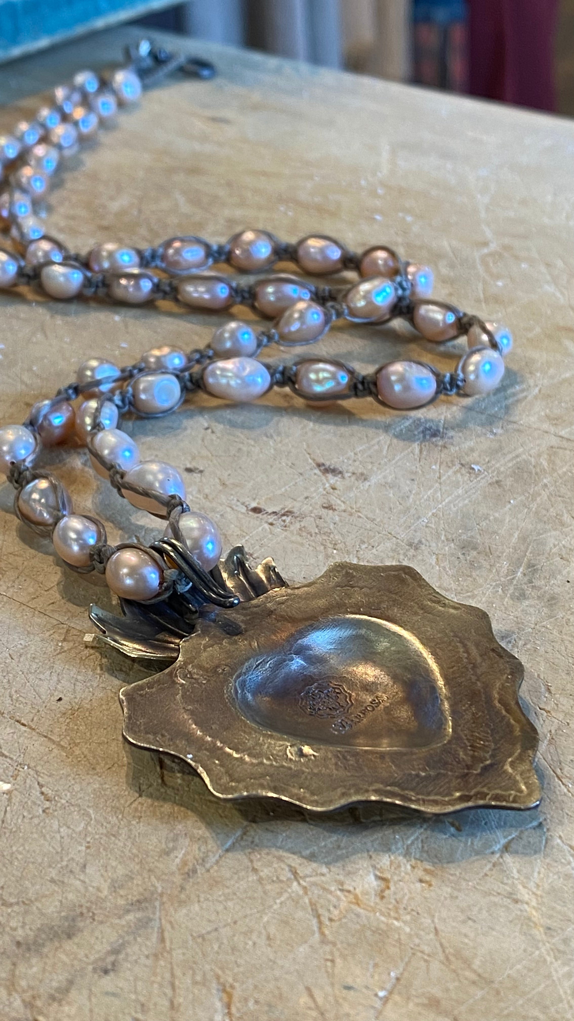Sacred Heart on Pink Pearl Necklace