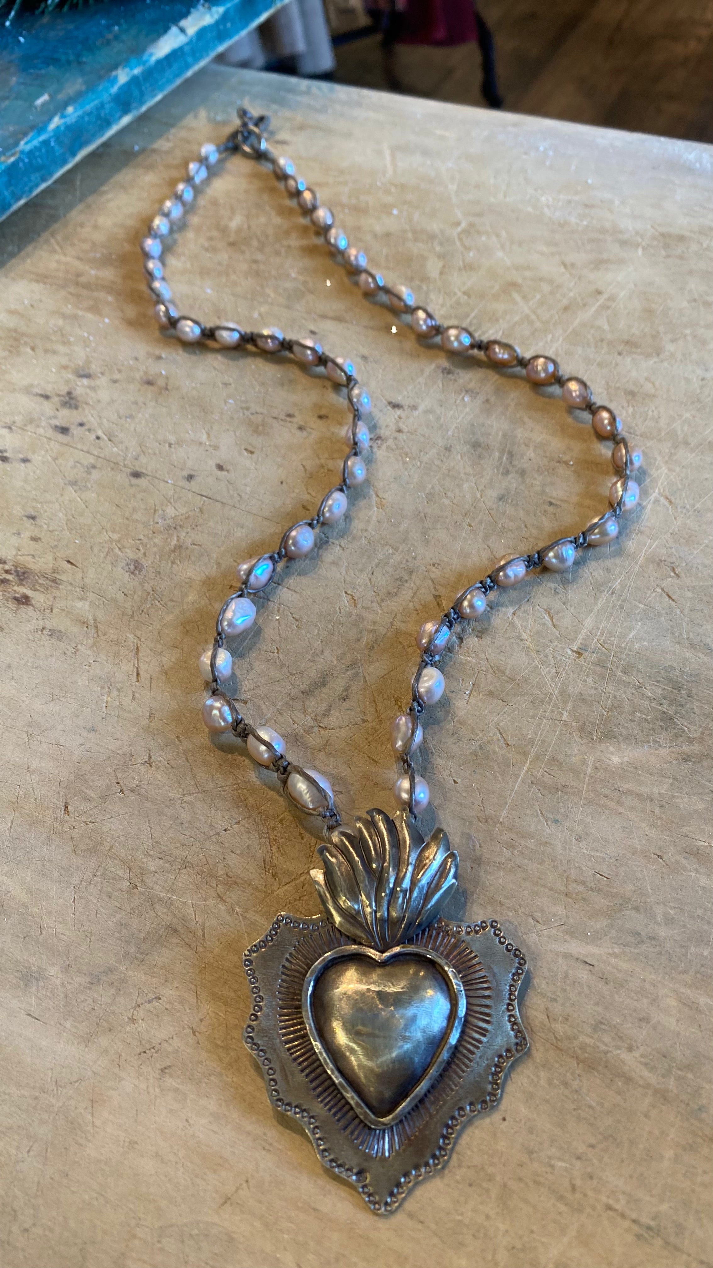 Sacred Heart on Pink Pearl Necklace