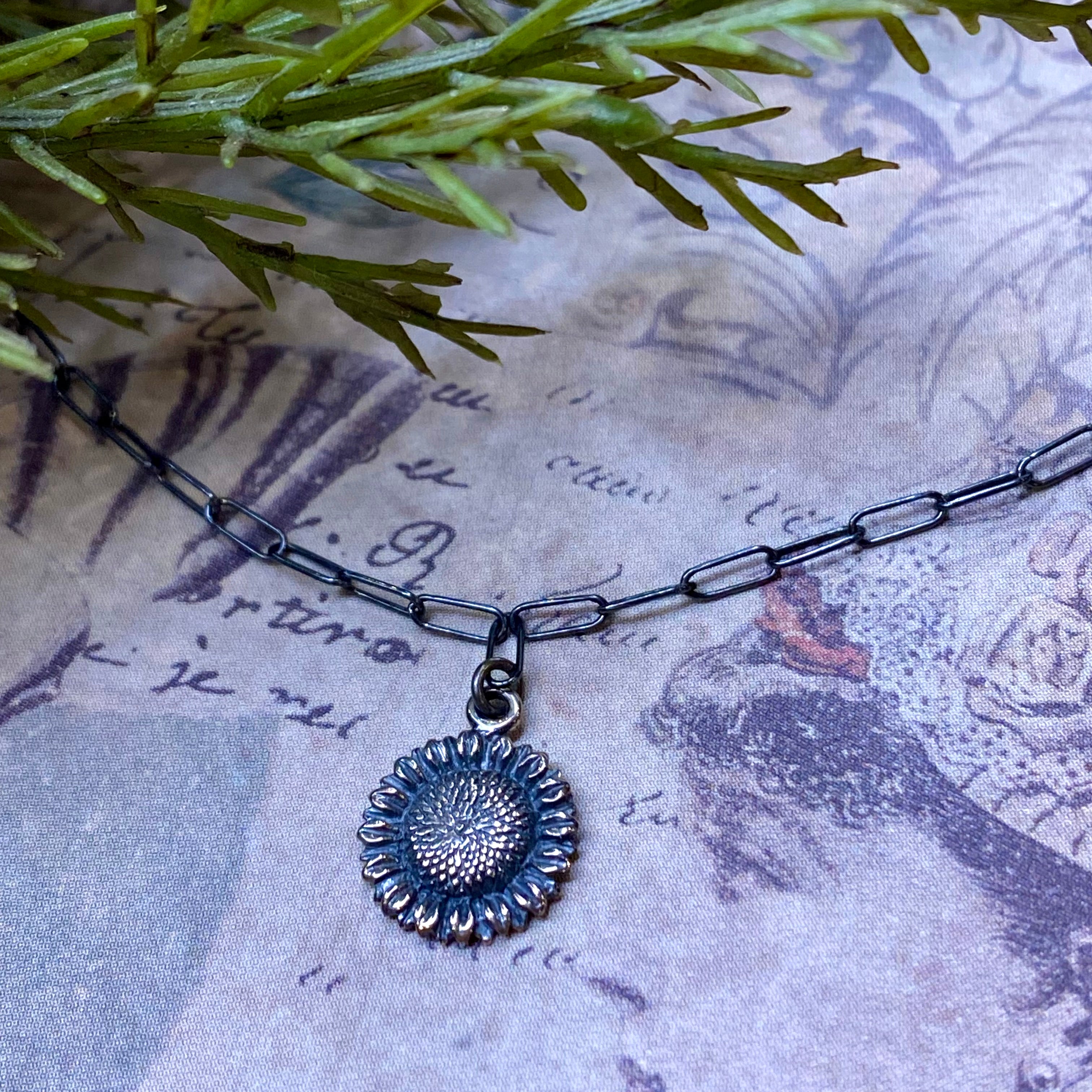 Moonlight Silver Sunflower on Dainty Paperclip Chain Necklace