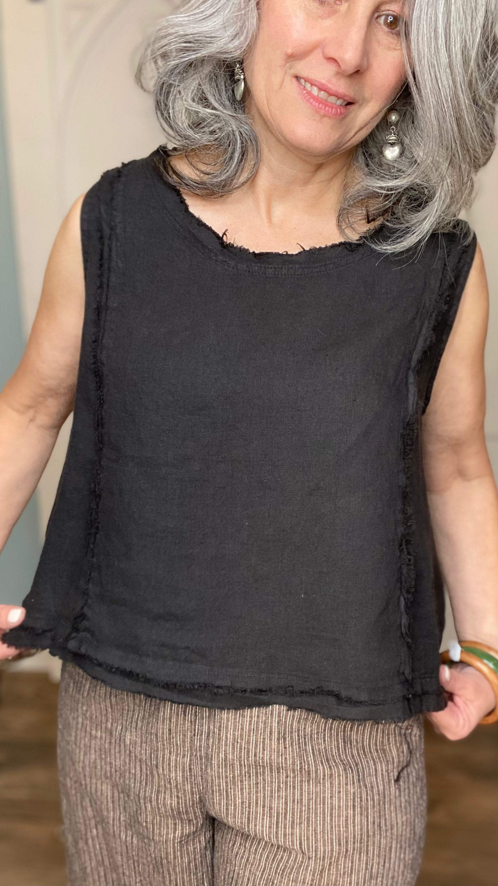 Raw Edge Sleeveless Top - Black