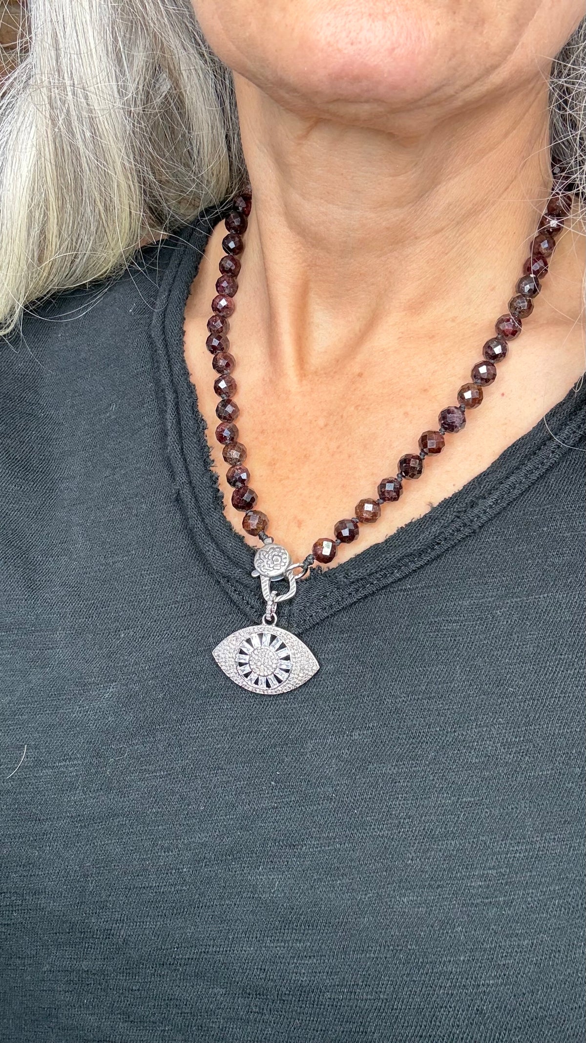 Pave Diamond Eye on Garnet Beaded Charm Holder