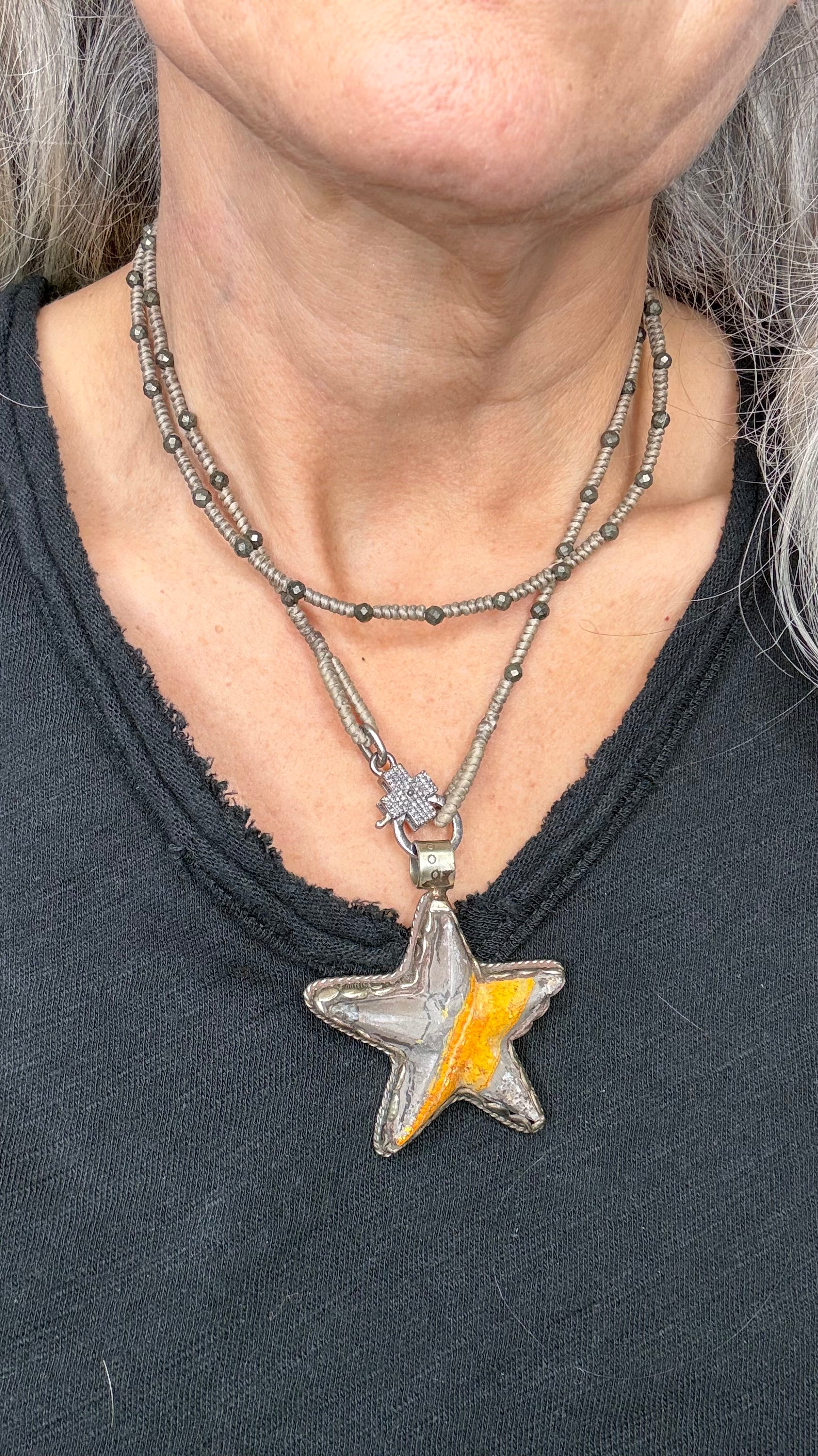 Bumblebee Jasper Star with Diamond Charm Holder Necklace