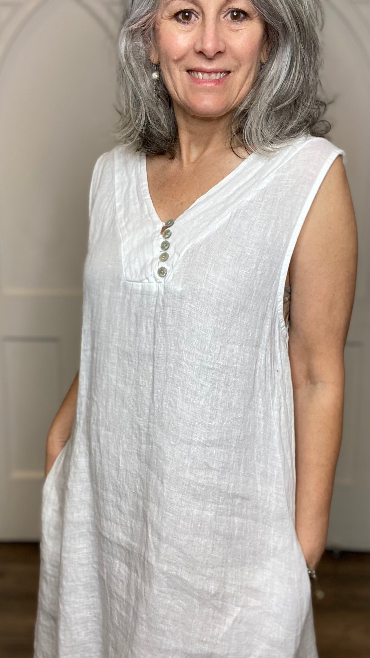 Sleeveless White 5-Button Dress