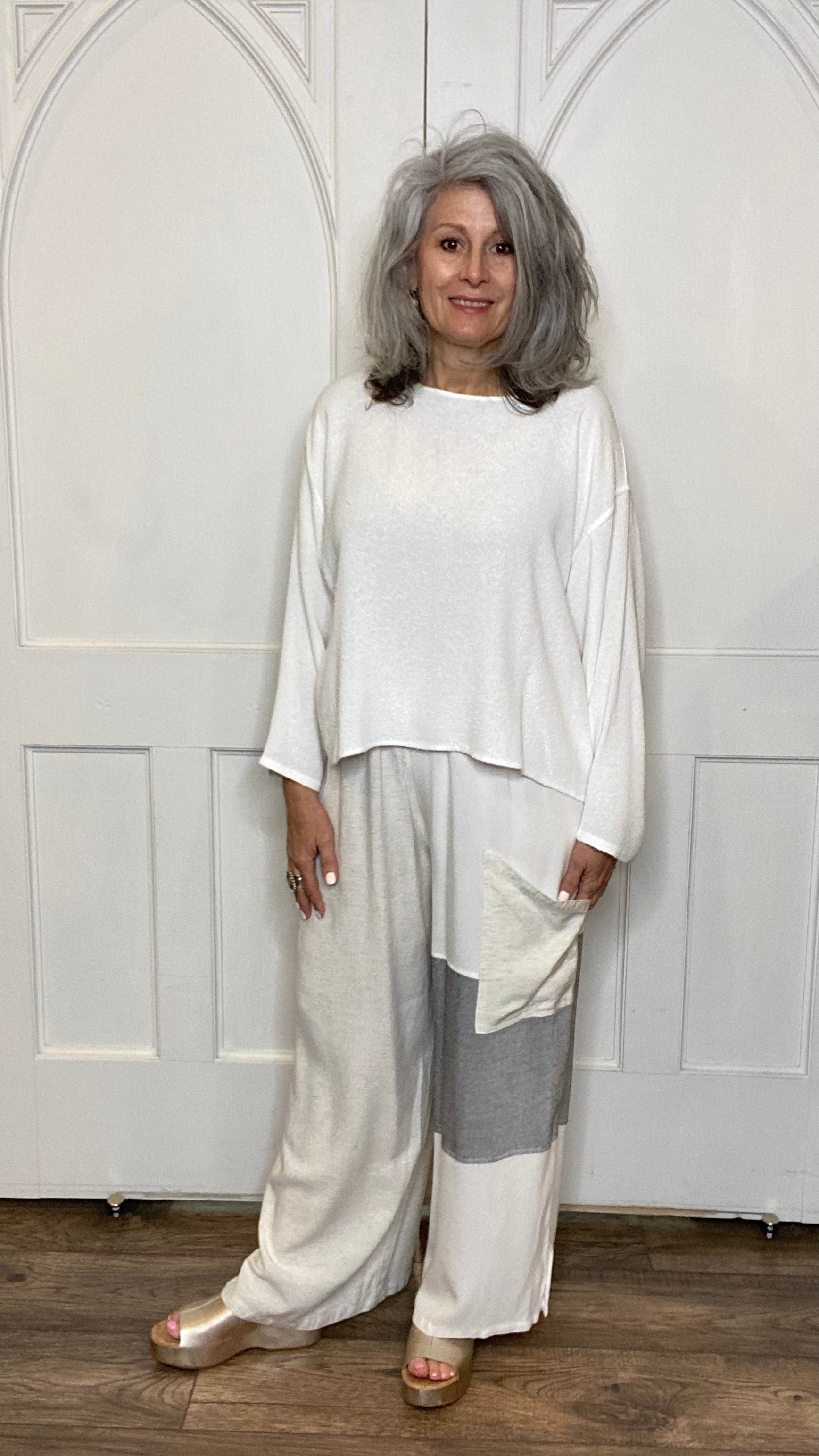 Mixed Fabric Wide Leg Pant