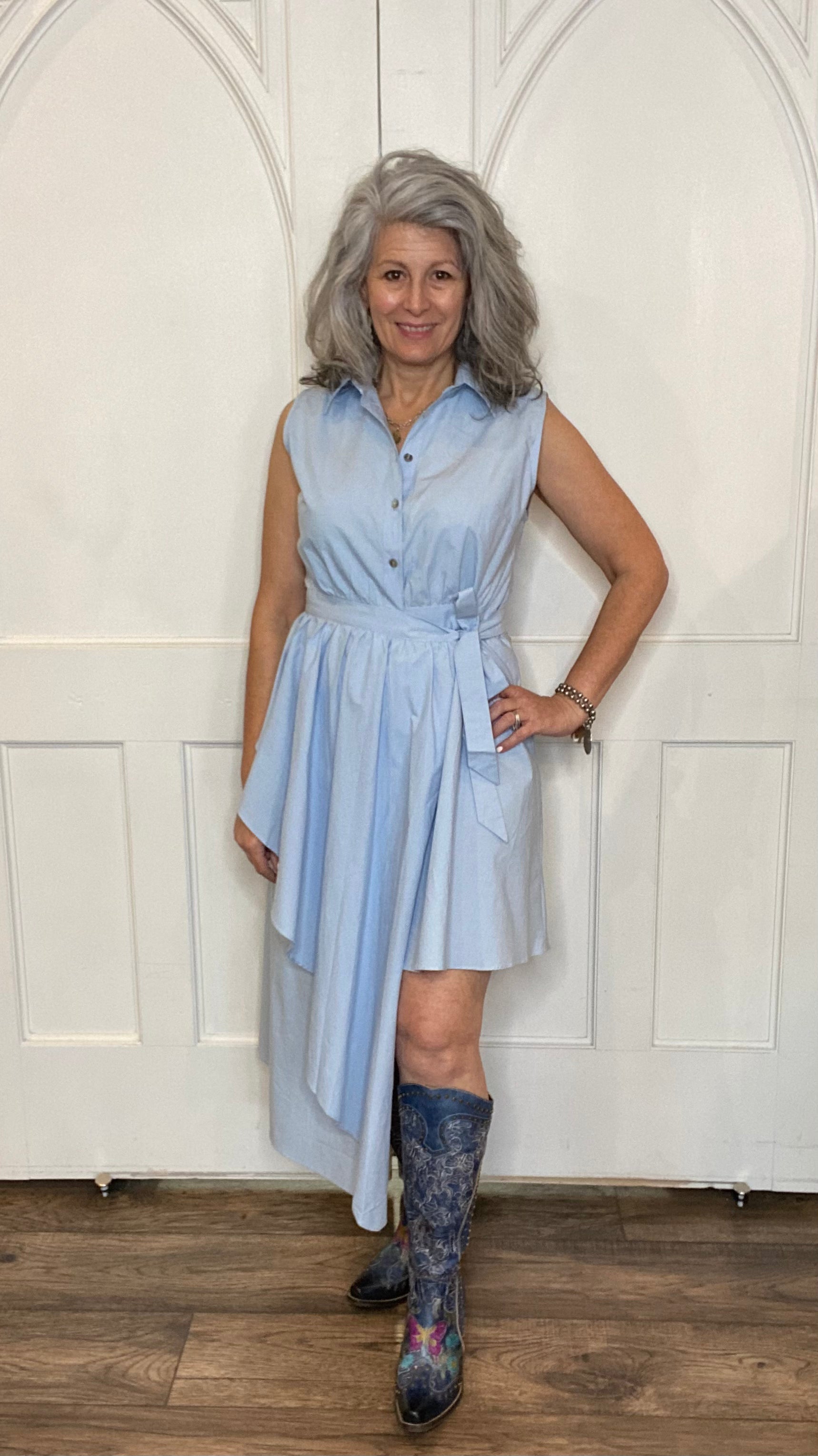 Sleeveless Asymmetric Dress with Buttons - Sky Blue