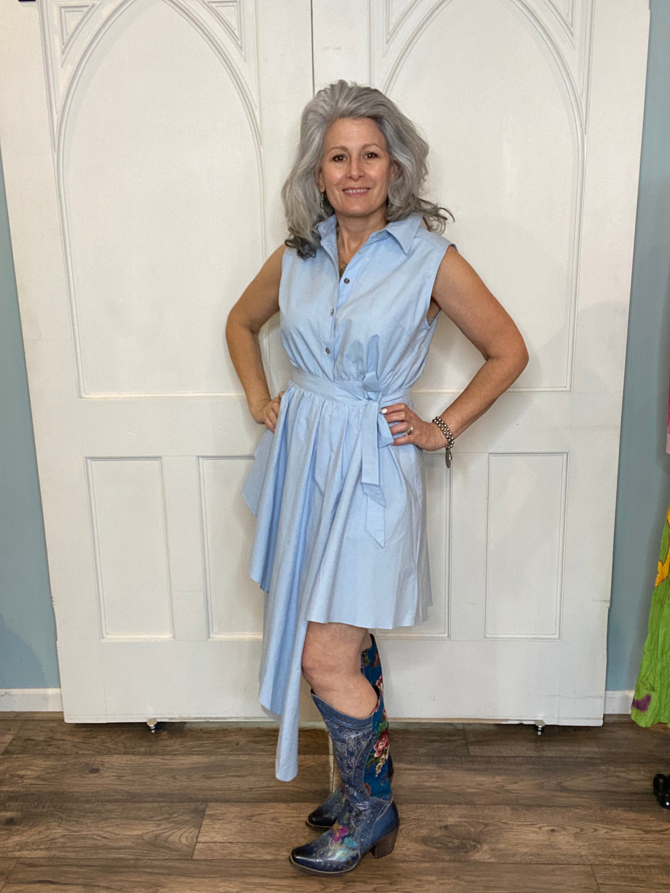 Sleeveless Asymmetric Dress with Buttons - Sky Blue
