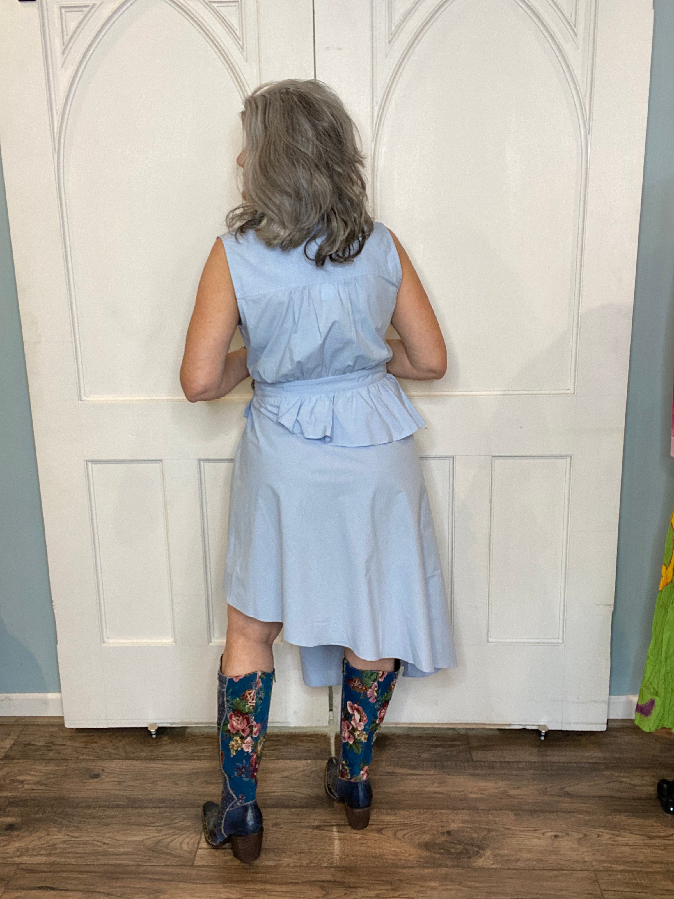 Sleeveless Asymmetric Dress with Buttons - Sky Blue