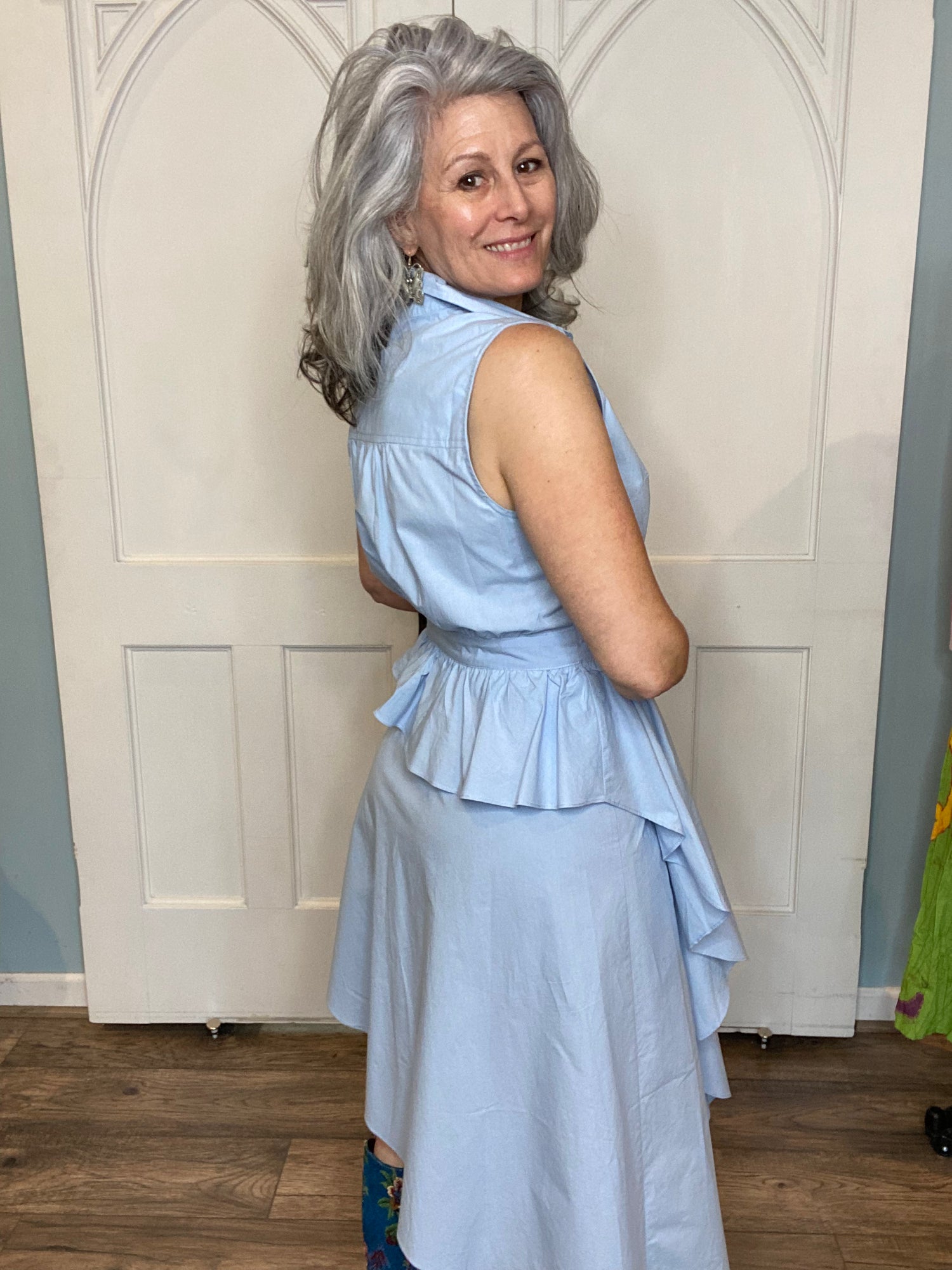 Sleeveless Asymmetric Dress with Buttons - Sky Blue