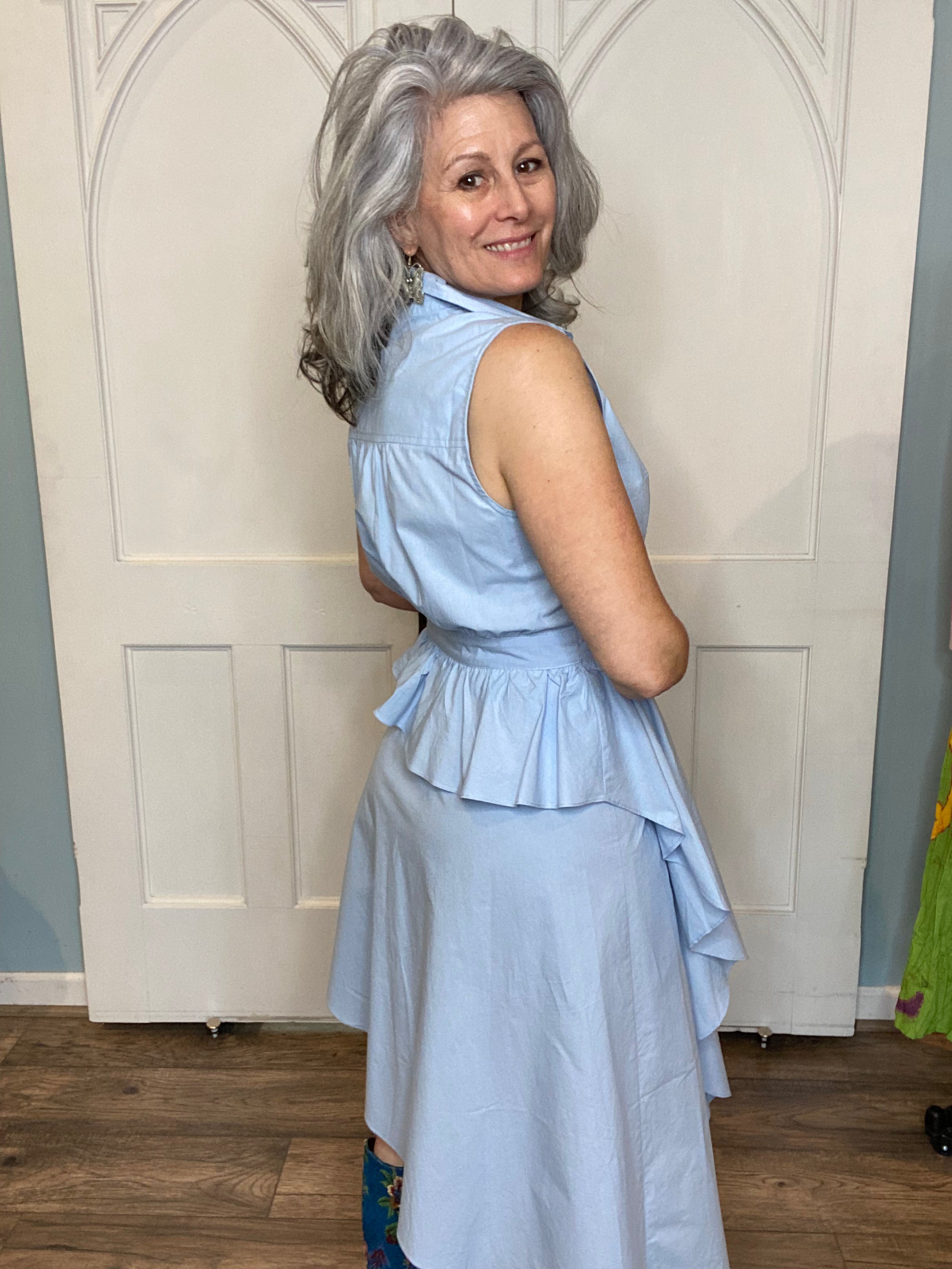 Sleeveless Asymmetric Dress with Buttons - Sky Blue