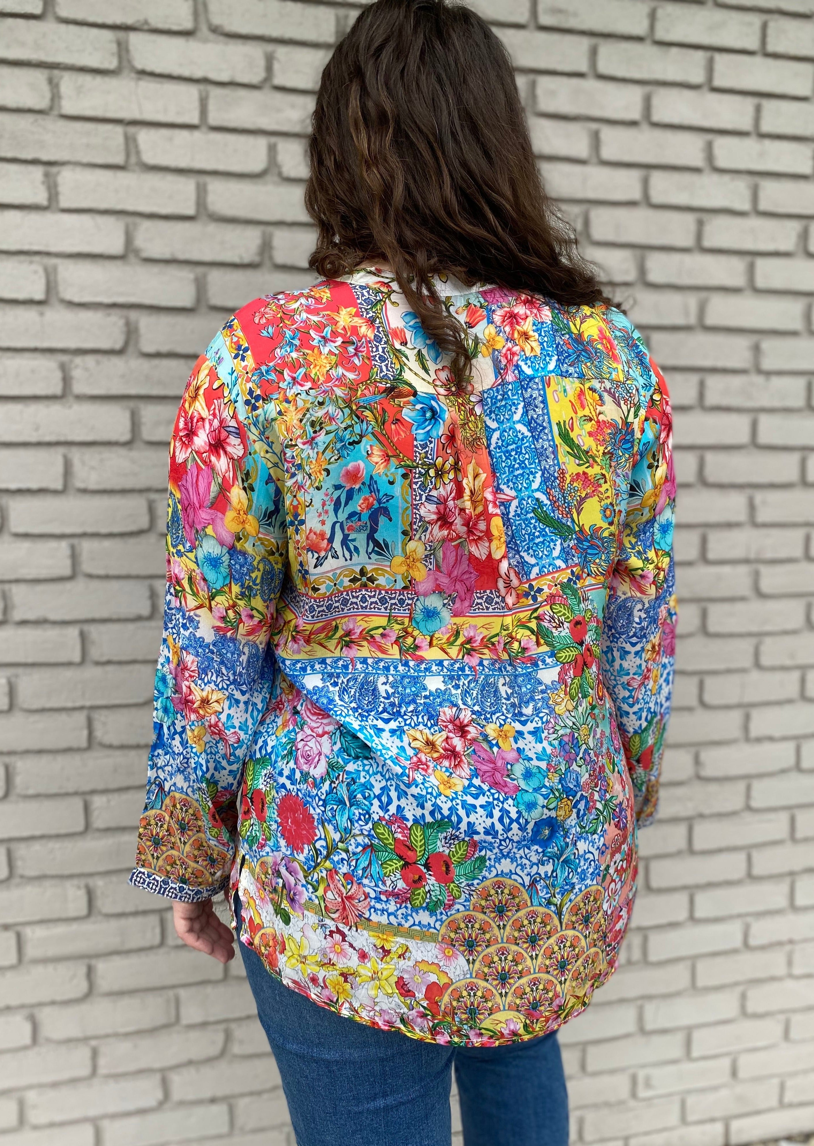 Silk Floral Print Henley Shirt Medium