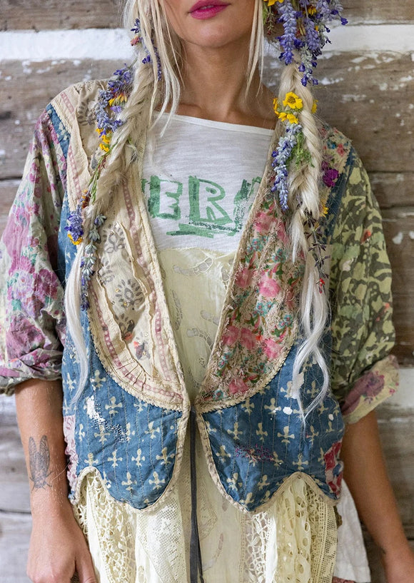 Front view on model of Kalamkari Andhra Jacket by Magnolia Pearl in the color Antigue.