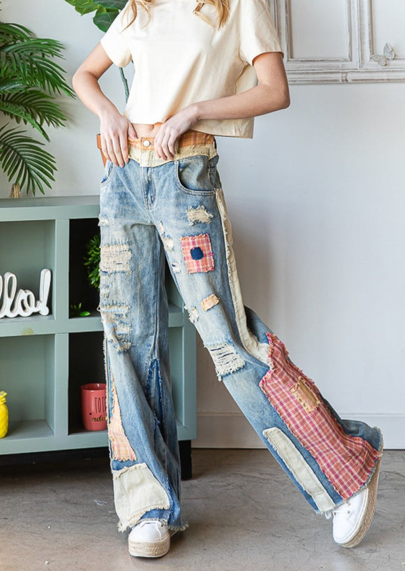 front view of Patch Detail wide straight denim pants on a model.